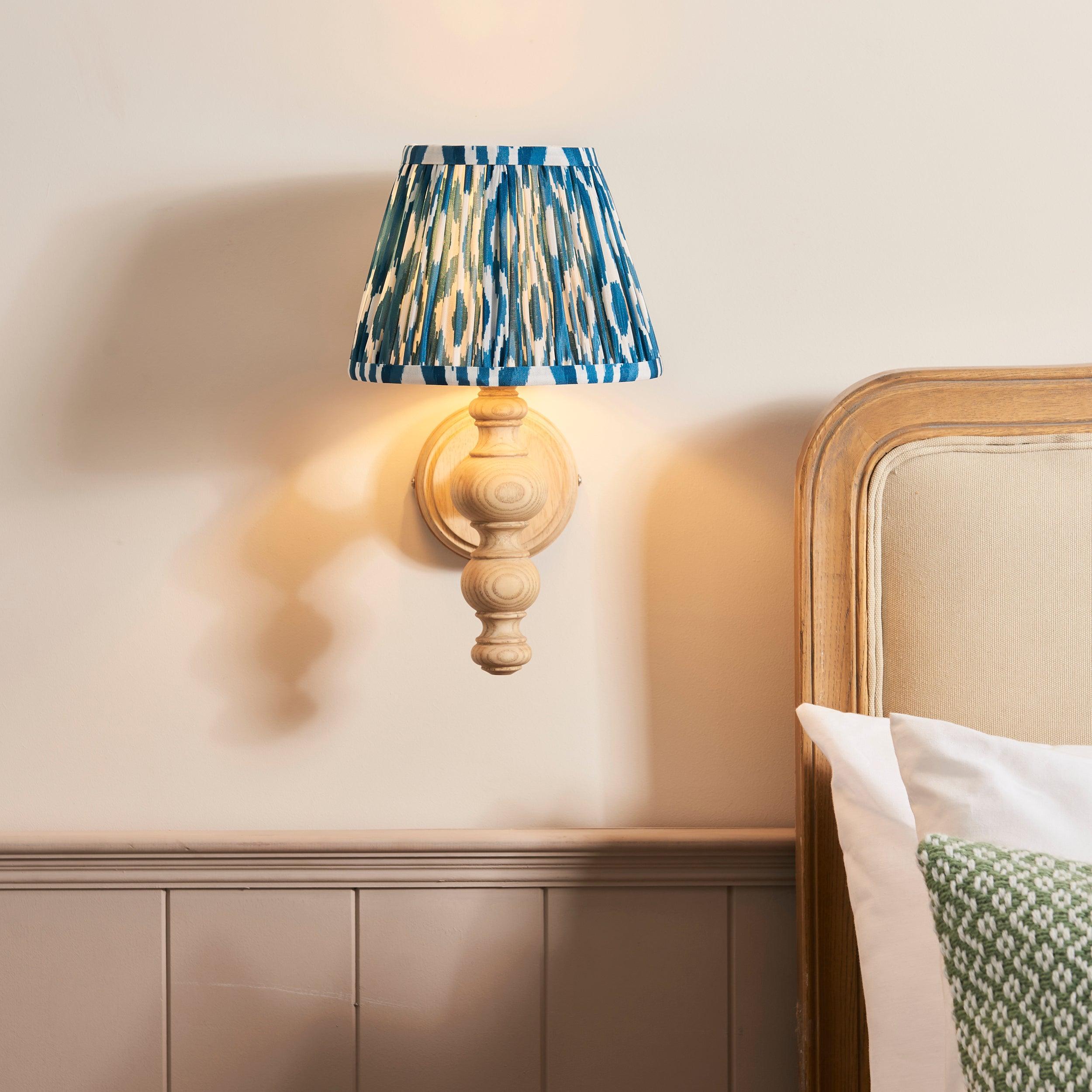 Bibury Wooden Wall Light & Ikat 20cm Marlin Blue Shade