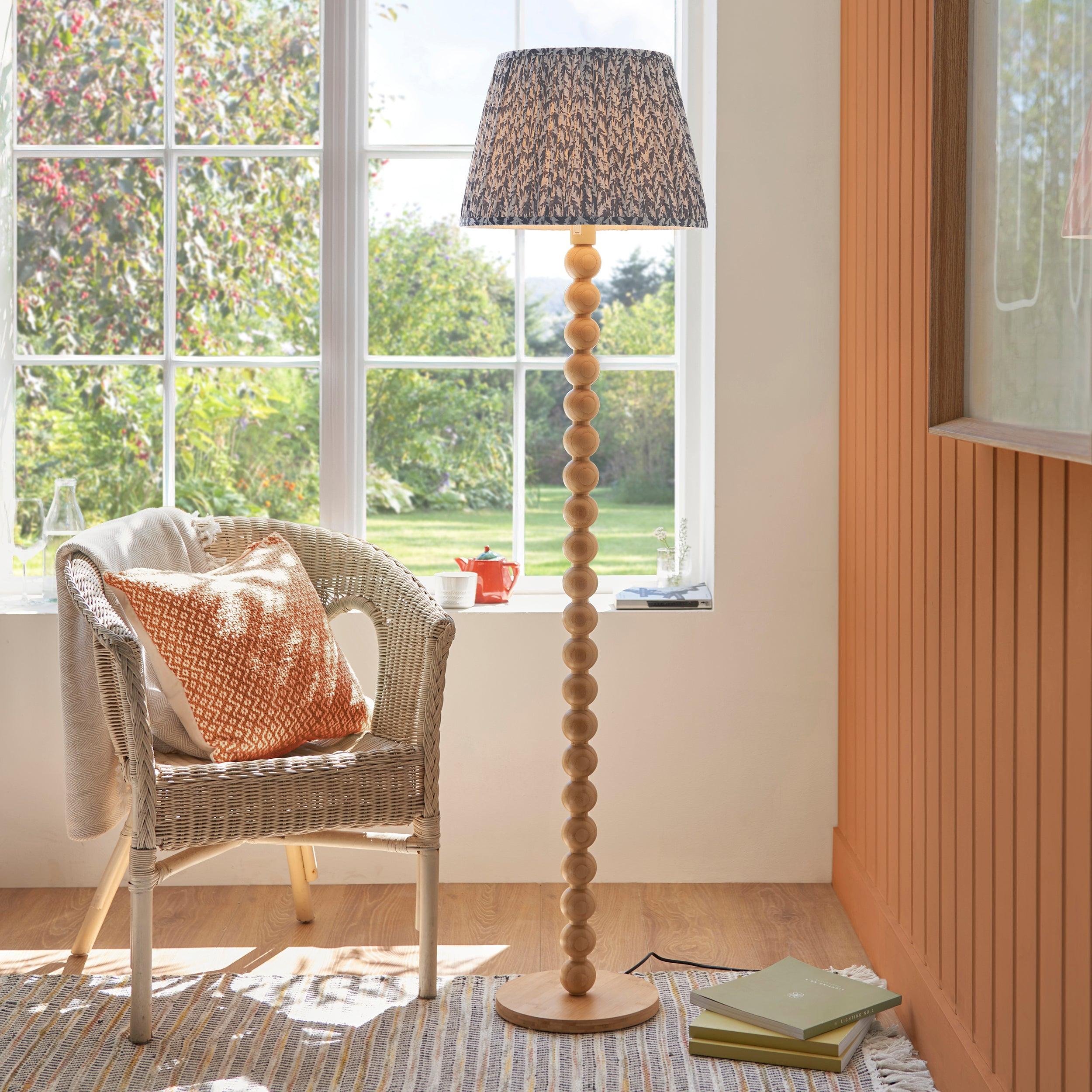 Cane Bamboo Floor Lamp & Leaf 40cm Pearl Grey Shade