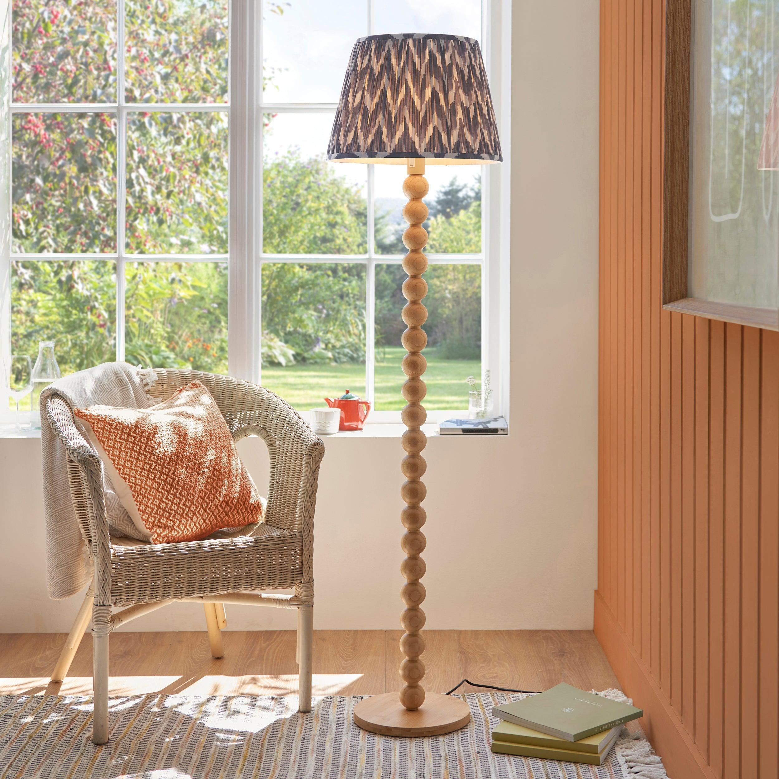 Cane Bamboo Floor Lamp & Zigzag 40cm Pearl Grey Shade