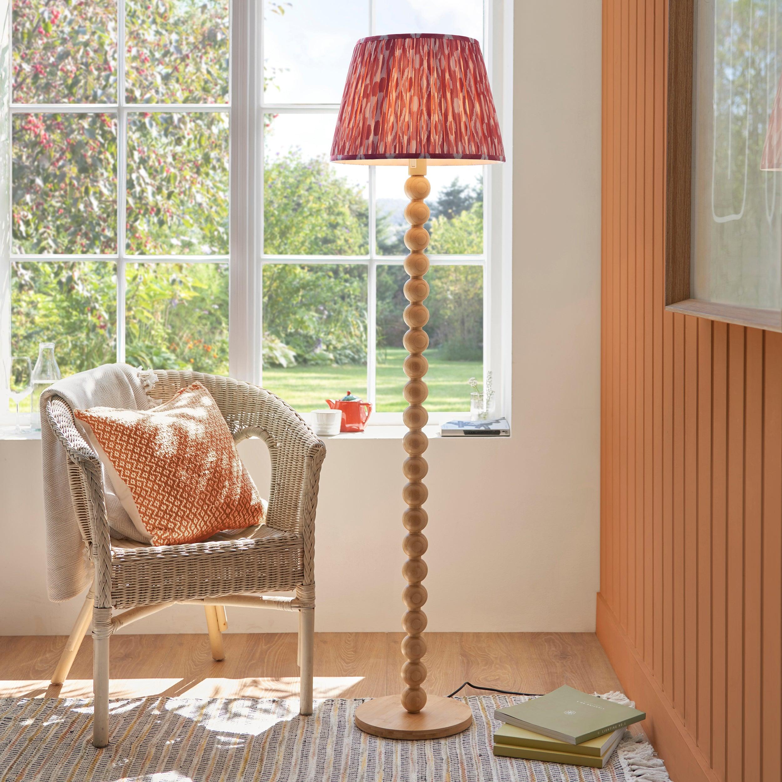 Cane Bamboo Floor Lamp & Ikat 40cm Coral Pink Shade