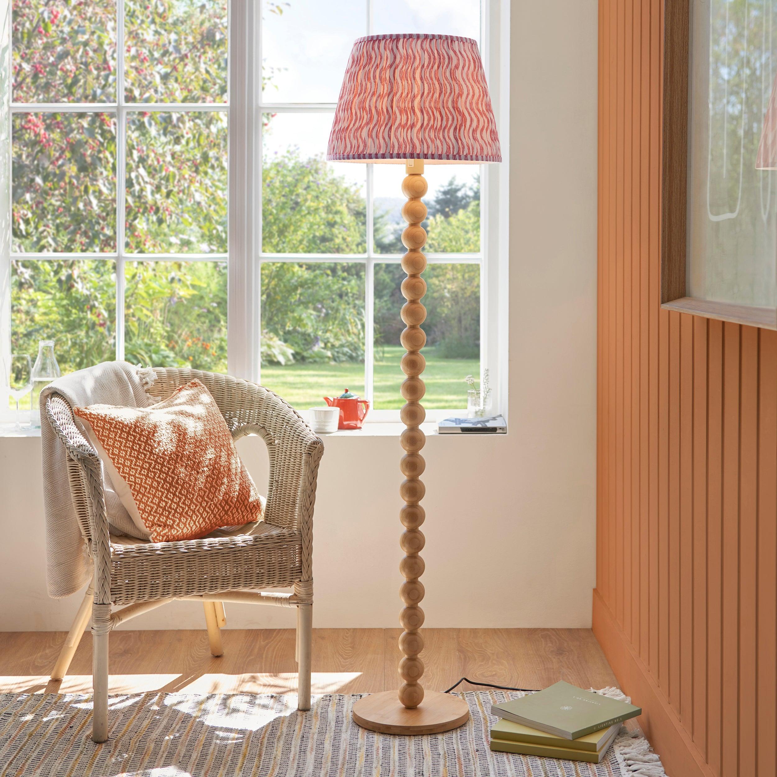Cane Bamboo Floor Lamp & Ripple 40cm Coral Pink Shade