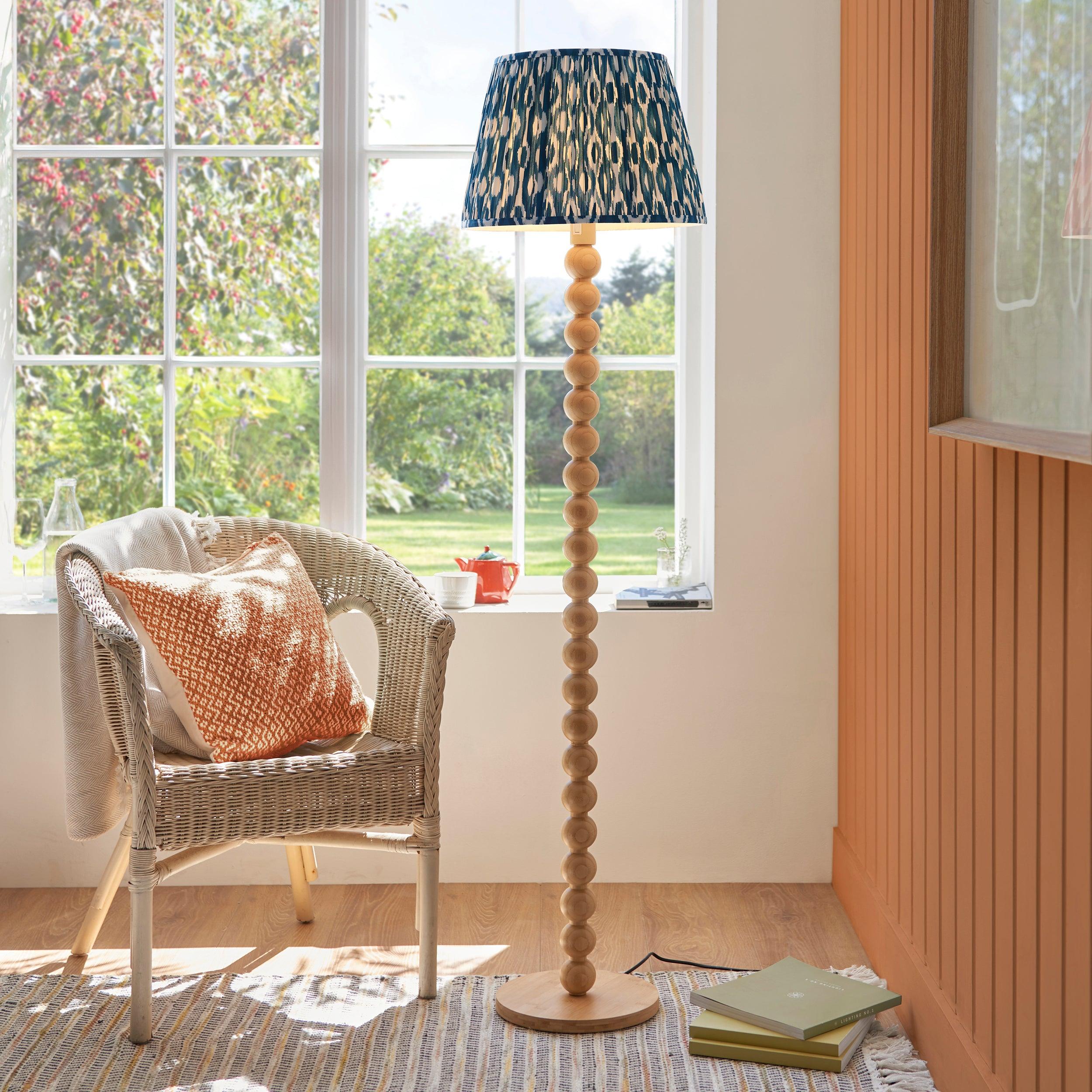 Cane Bamboo Floor Lamp & Ikat 40cm Marlin Blue Shade