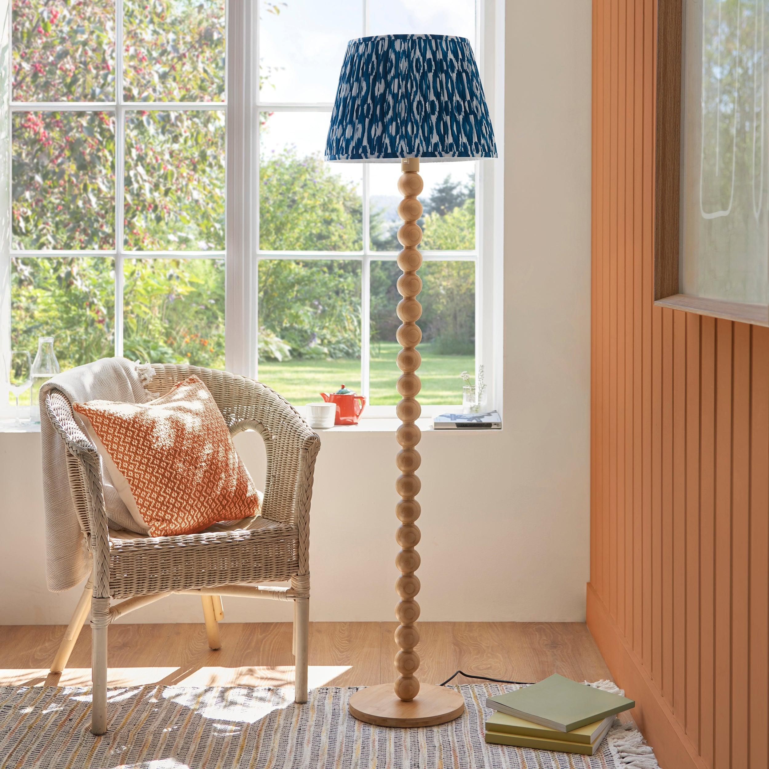 Cane Bamboo Floor Lamp & Ikat 40cm Marlin Blue Shade