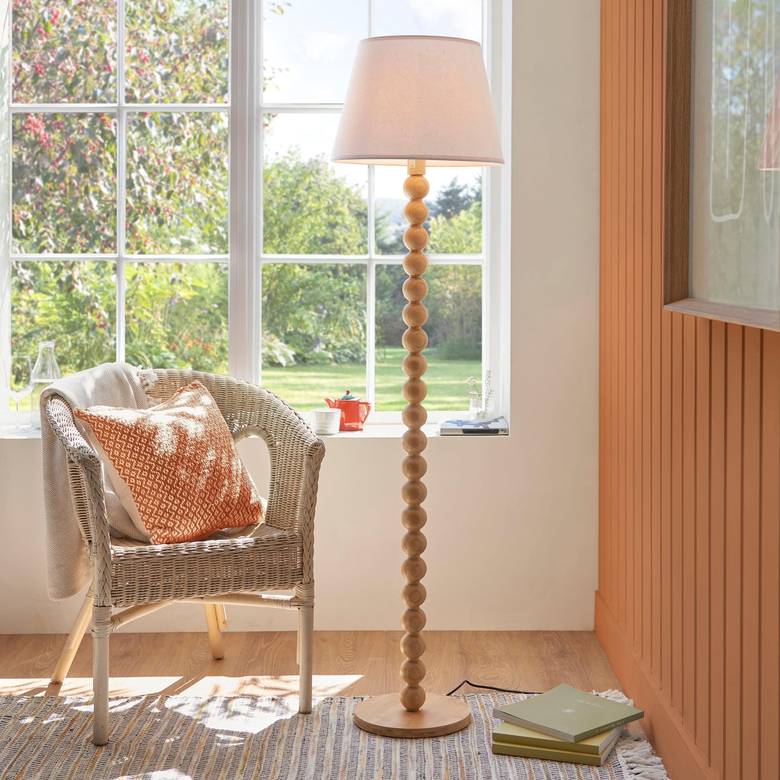 Cane Bamboo Floor Lamp & Ivy 40cm Vintage White Shade