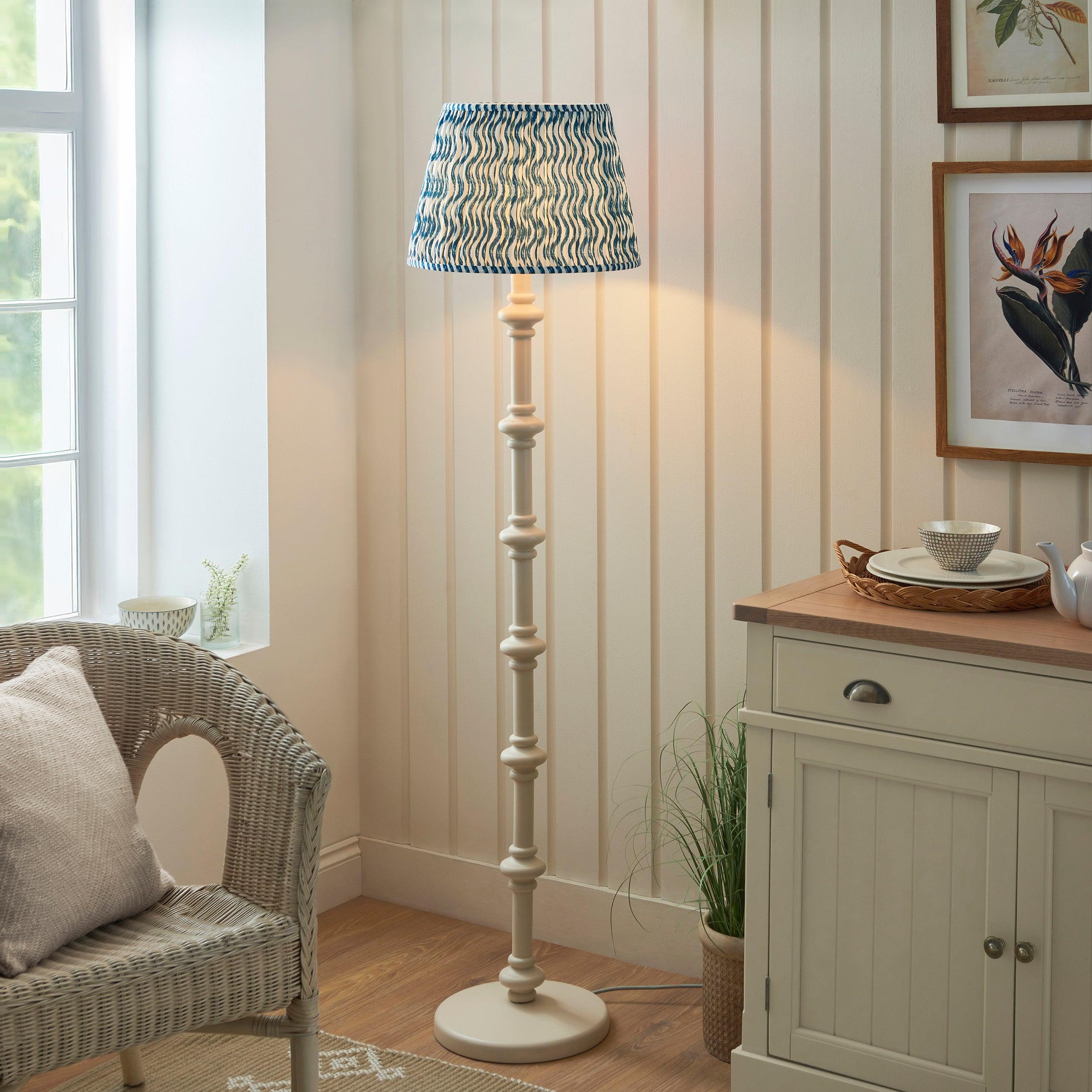 Carnaby White Wooden Floor Lamp & Ripple 40cm Marlin Blue Shade