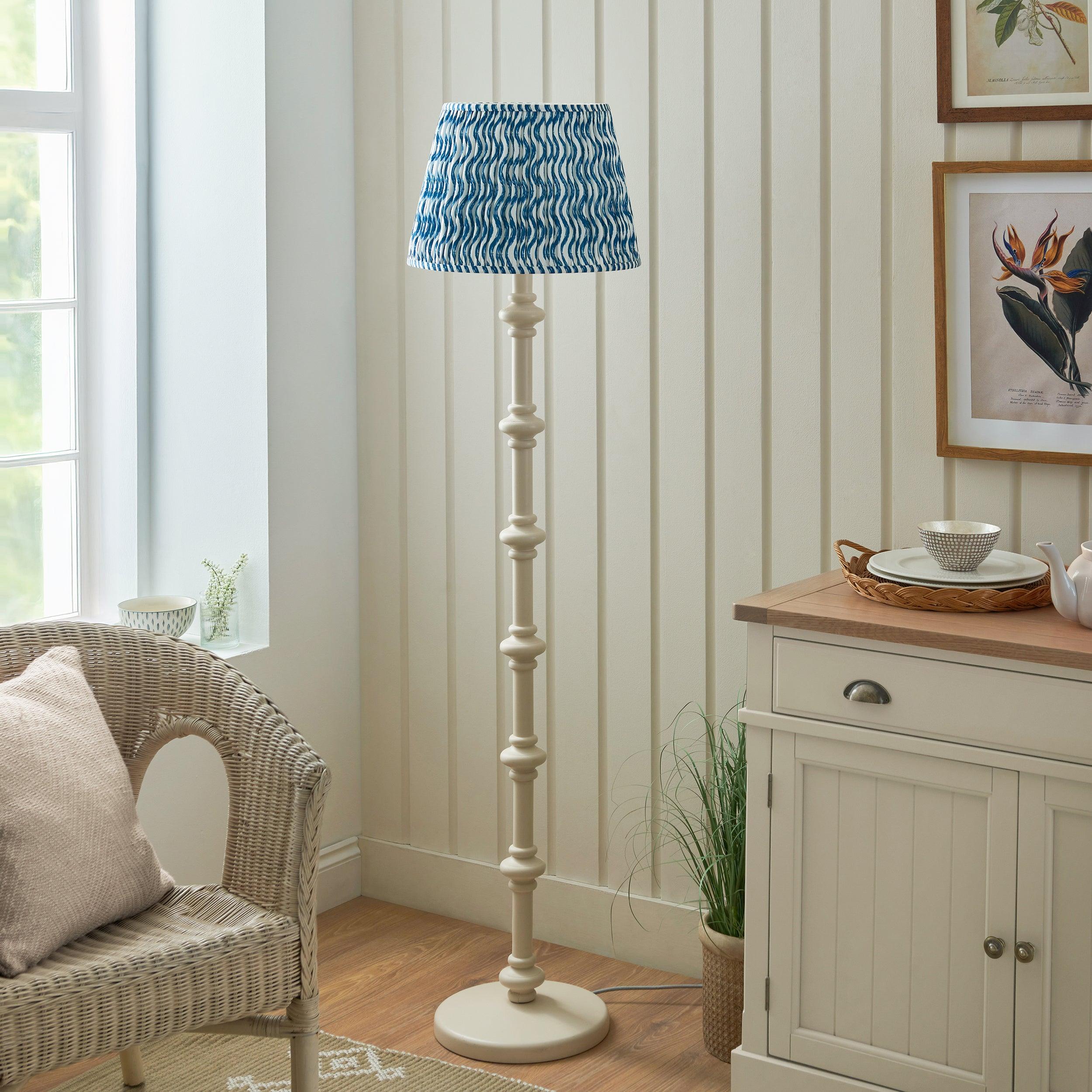 Carnaby White Wooden Floor Lamp & Ripple 40cm Marlin Blue Shade