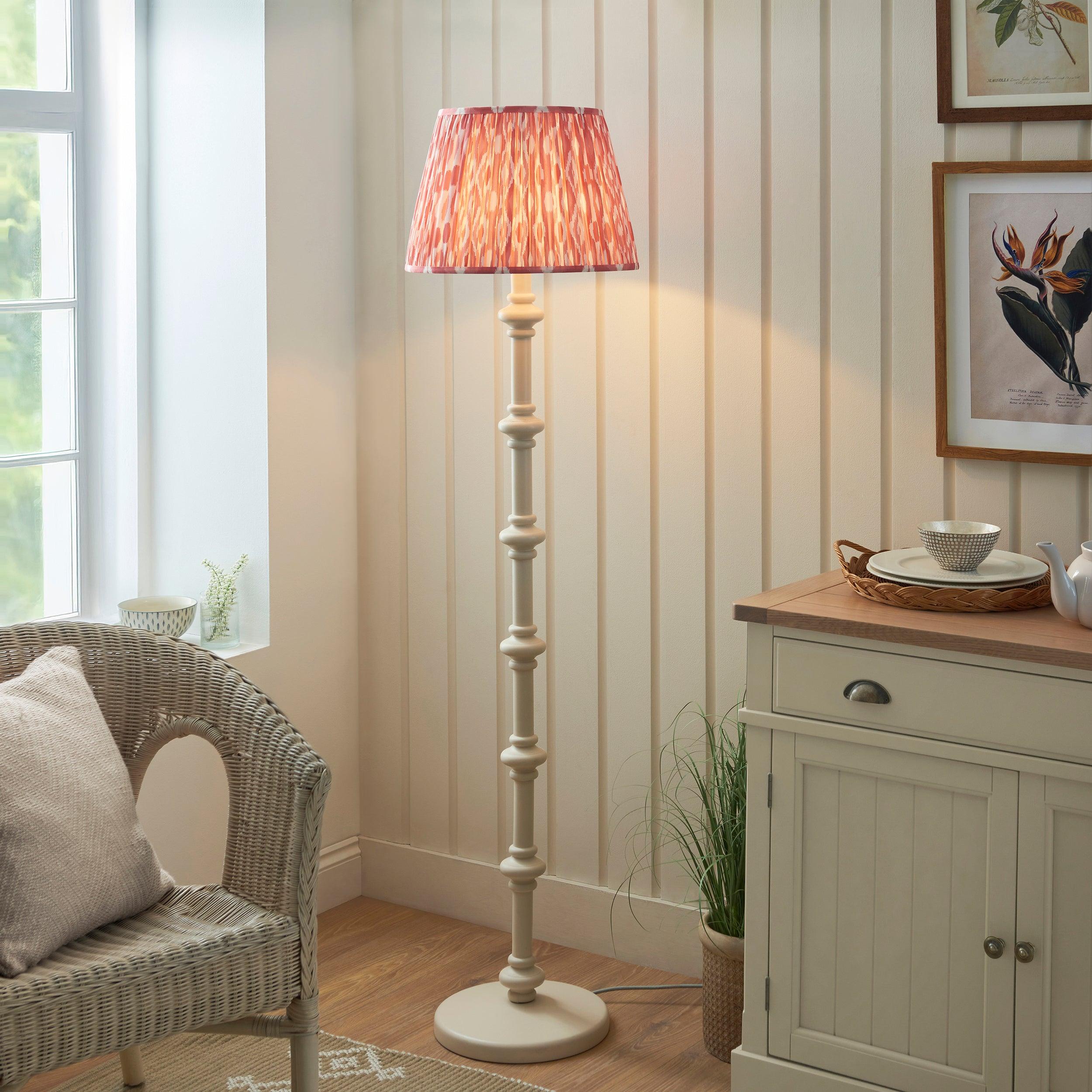Carnaby White Wooden Floor Lamp & Ikat 40cm Coral Pink Shade