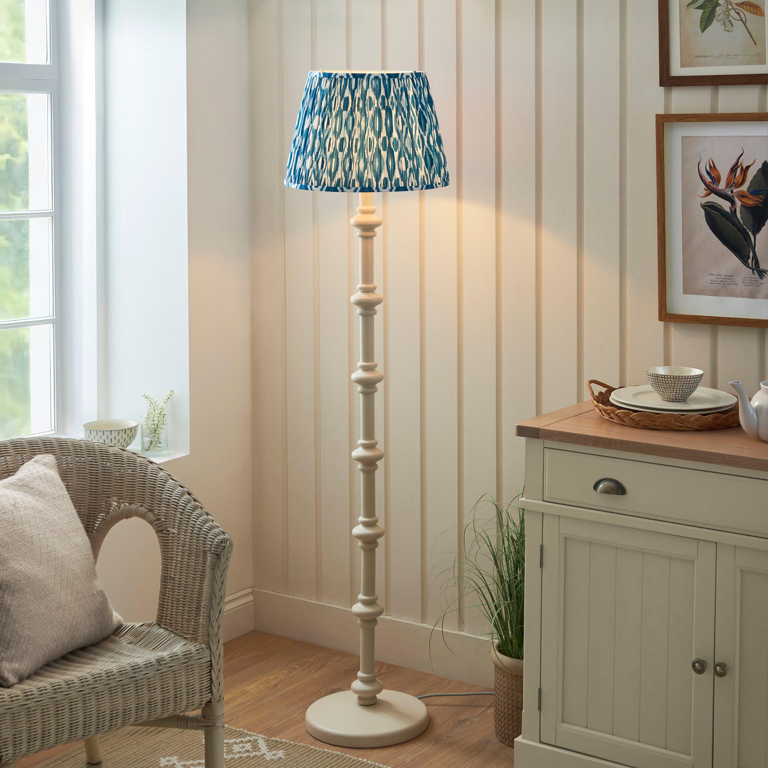 Carnaby White Wooden Floor Lamp & Ikat 40cm Marlin Blue Shade