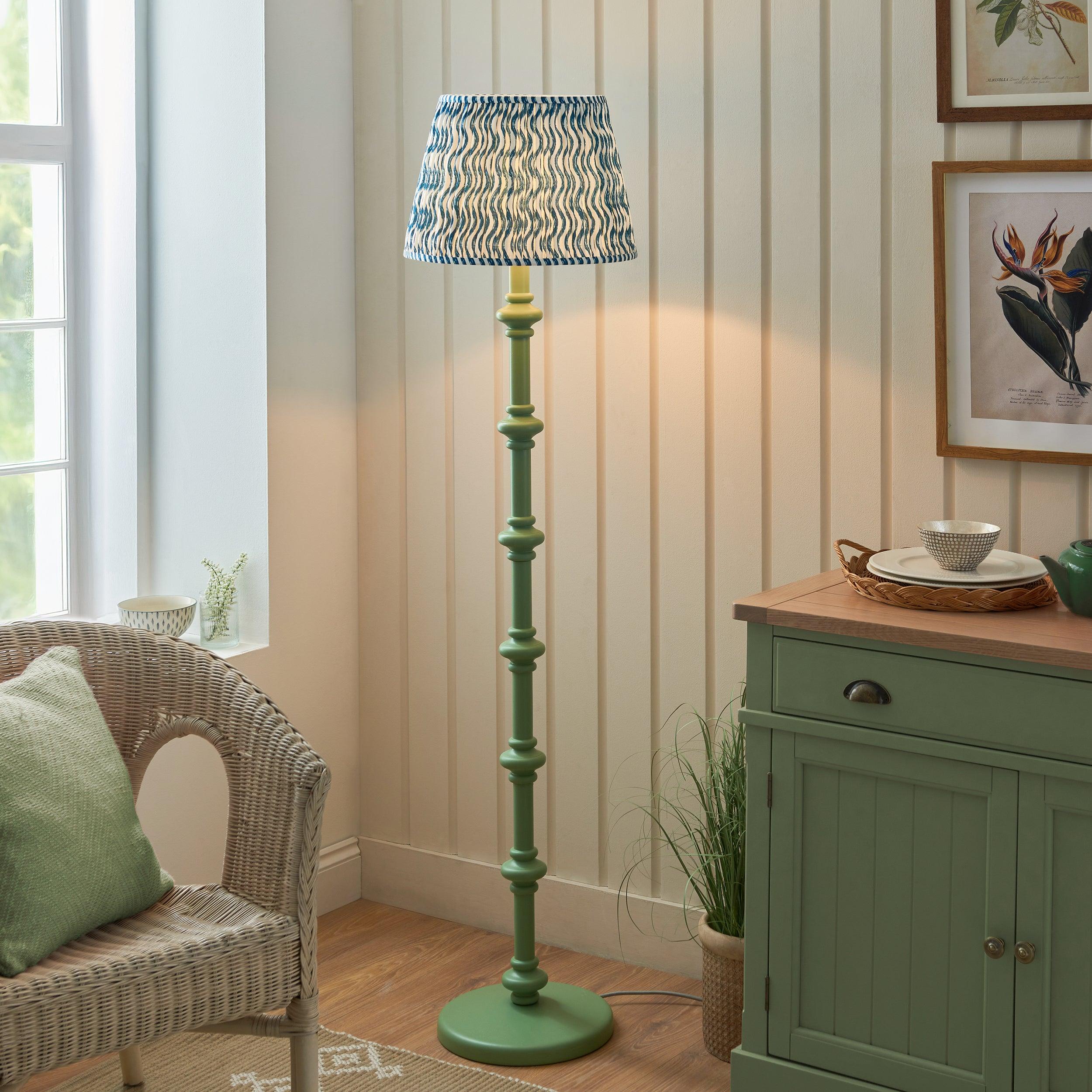 Carnaby Green Wooden Floor Lamp & Ripple 40cm Marlin Blue Shade