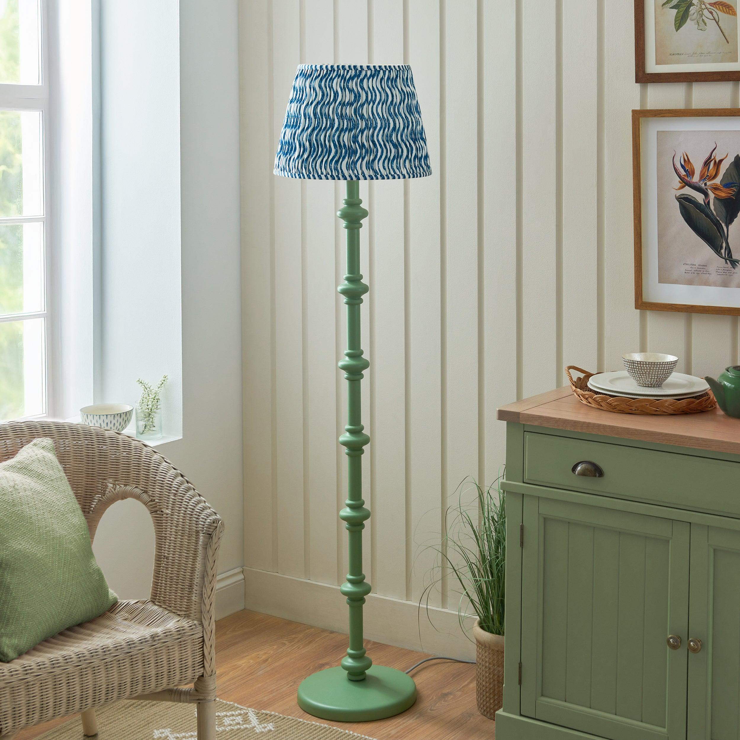 Carnaby Green Wooden Floor Lamp & Ripple 40cm Marlin Blue Shade