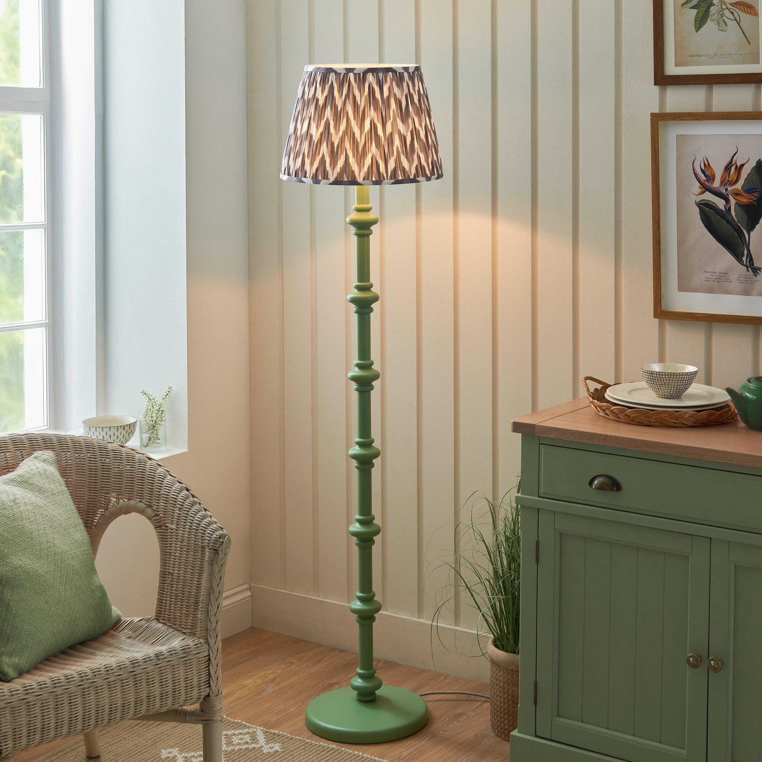 Carnaby Green Wooden Floor Lamp & Zigzag 40cm Pearl Grey Shade