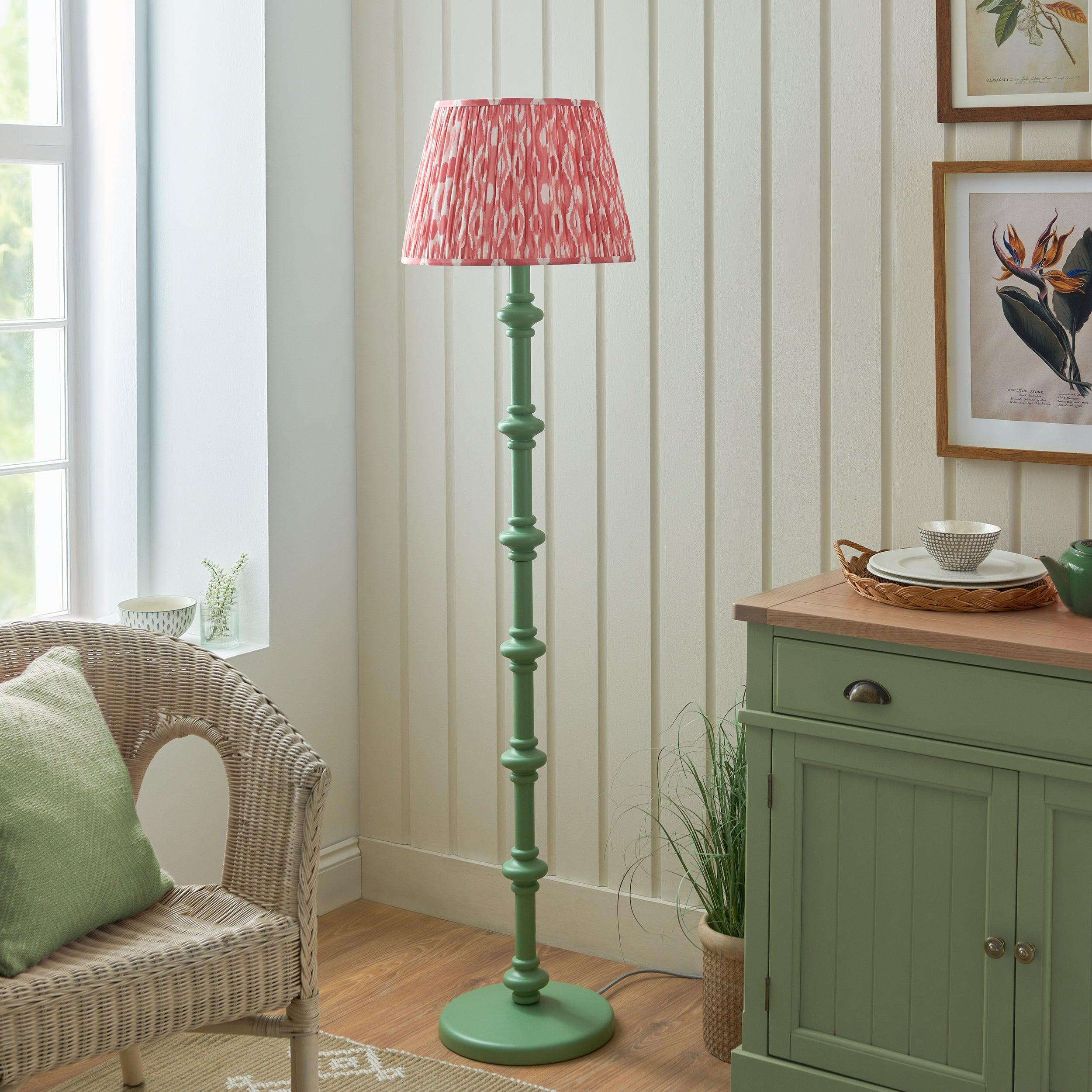 Carnaby Green Wooden Floor Lamp & Ikat 40cm Coral Pink Shade