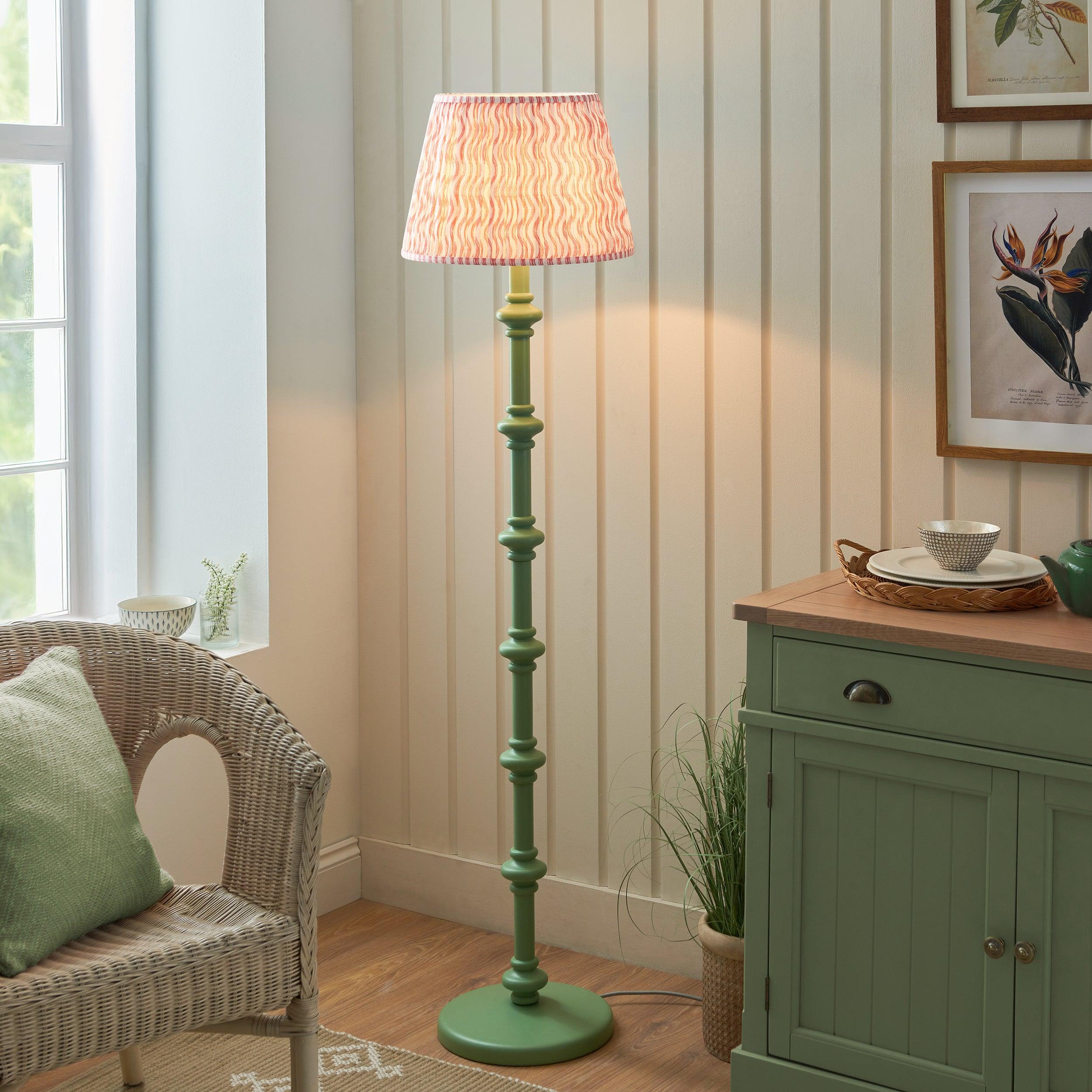 Carnaby Green Wooden Floor Lamp & Ripple 40cm Coral Pink Shade