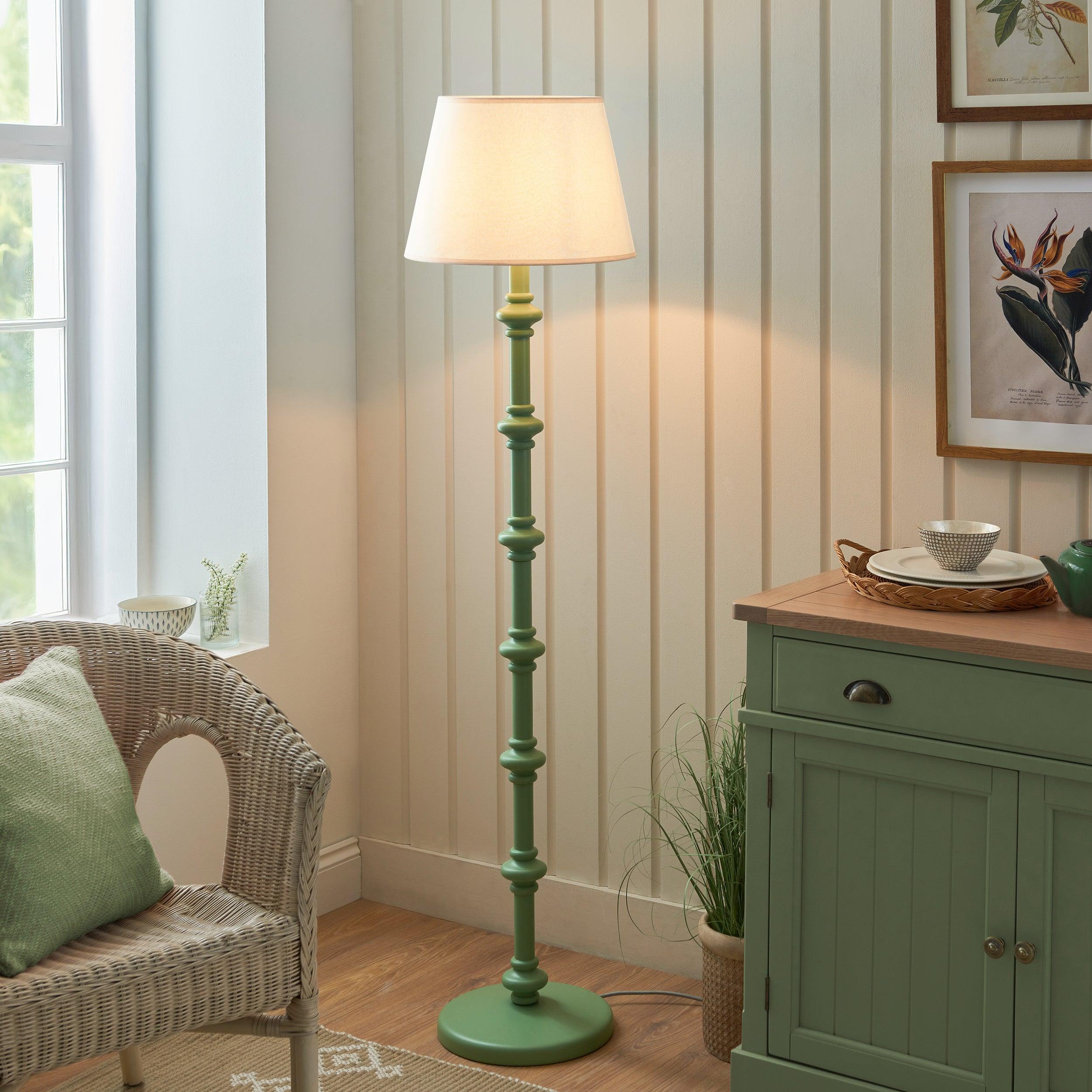 Carnaby Green Wooden Floor Lamp & Ivy 40cm Vintage White Shade