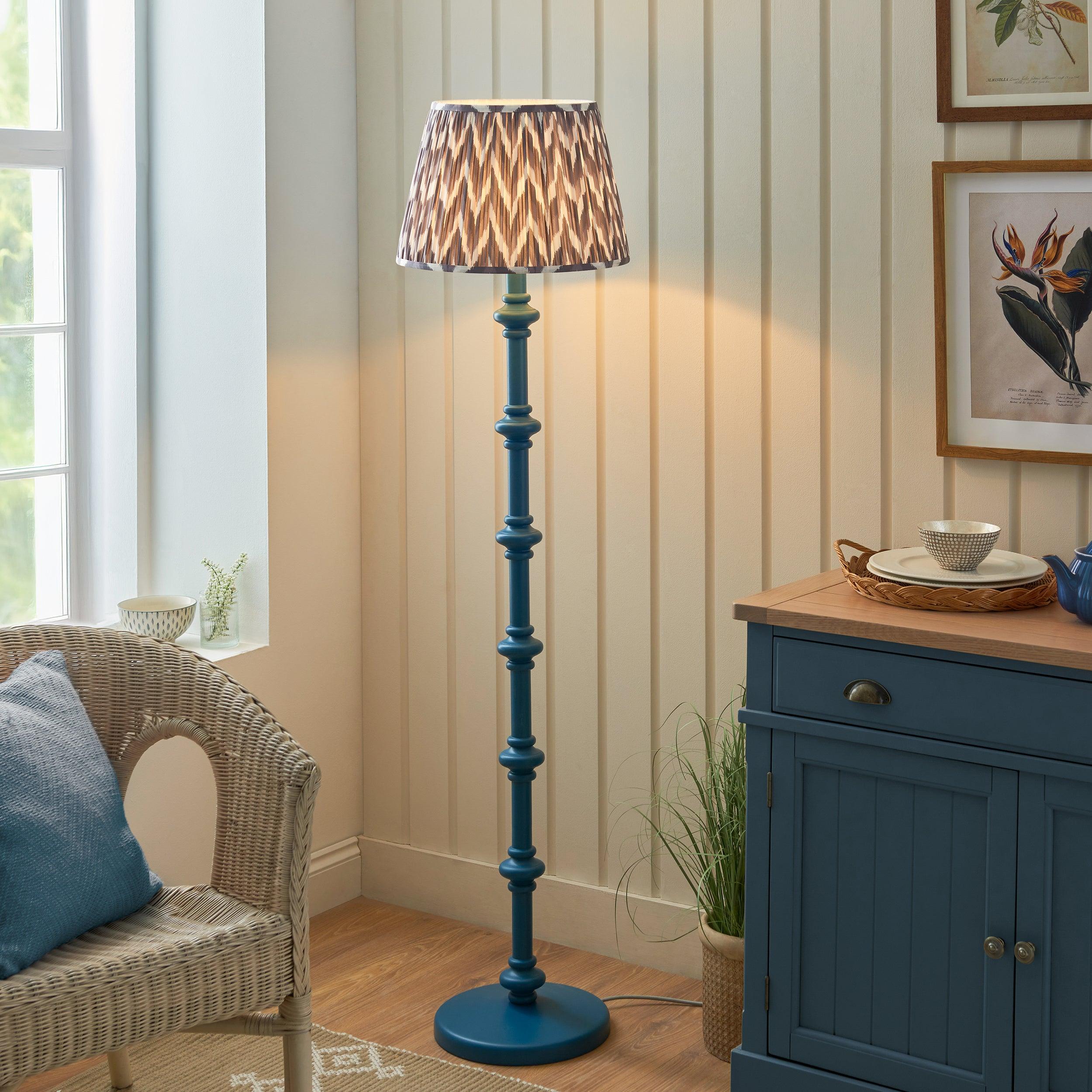Carnaby Blue Wooden Floor Lamp & Zigzag 40cm Pearl Grey Shade