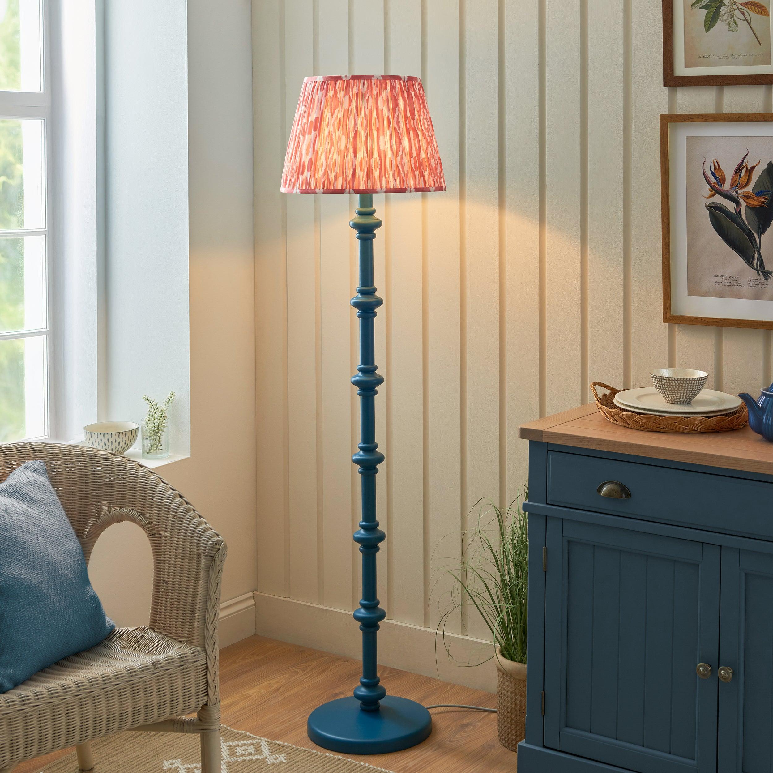 Carnaby Blue Wooden Floor Lamp & Ikat 40cm Coral Pink Shade