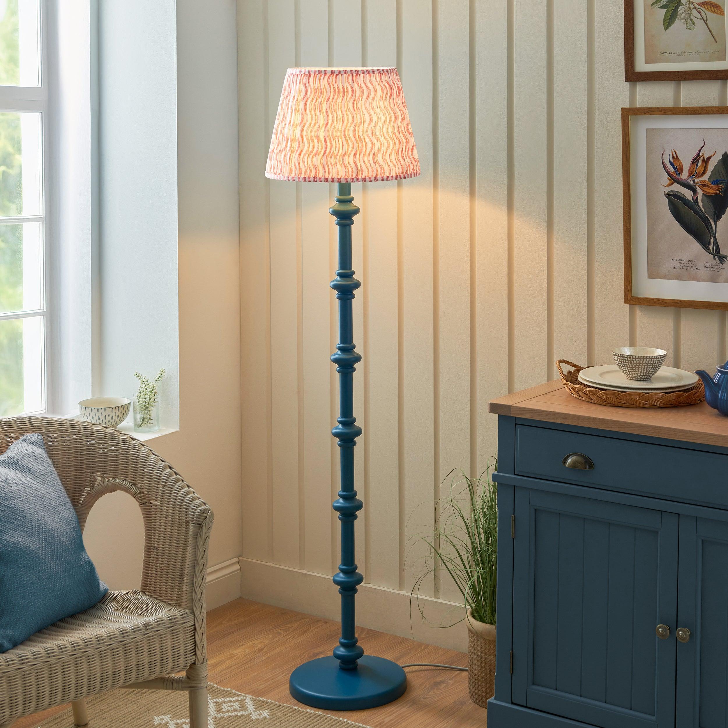 Carnaby Blue Wooden Floor Lamp & Ripple 40cm Coral Pink Shade
