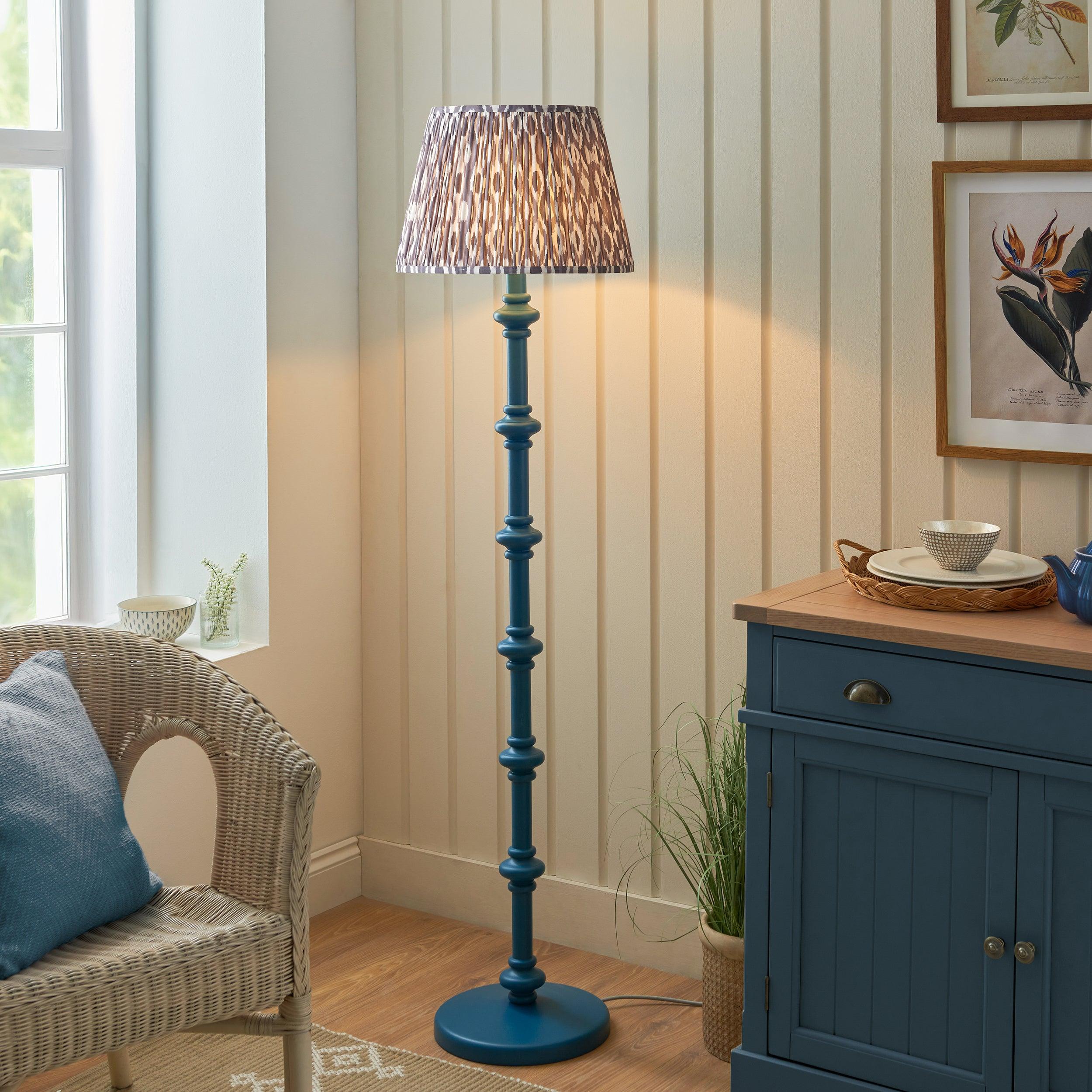 Carnaby Blue Wooden Floor Lamp & Ikat 40cm Pearl Grey Shade