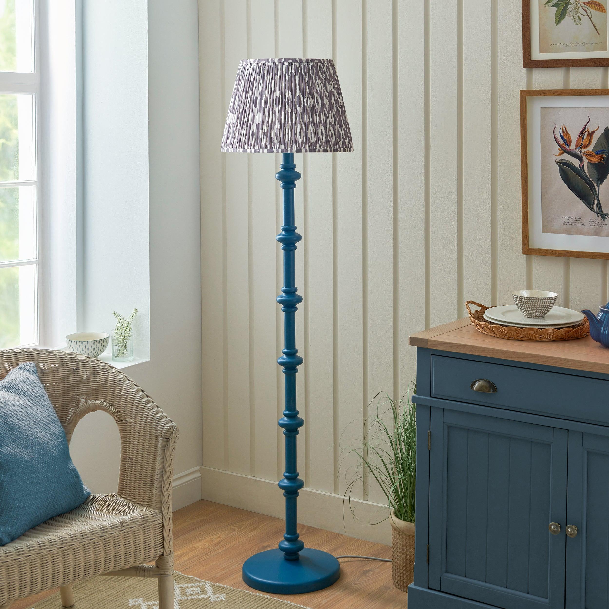 Carnaby Blue Wooden Floor Lamp & Ikat 40cm Pearl Grey Shade