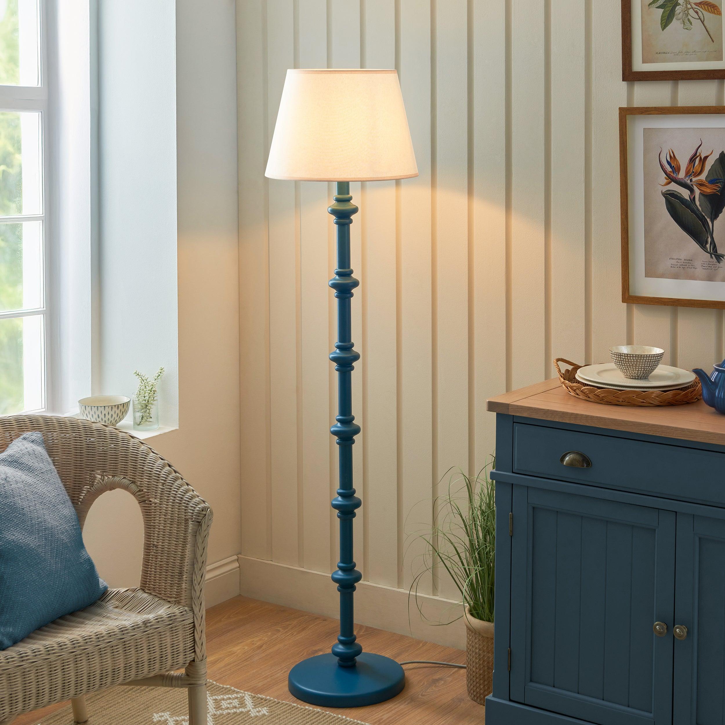 Carnaby Blue Wooden Floor Lamp & Ivy 40cm Vintage White Shade