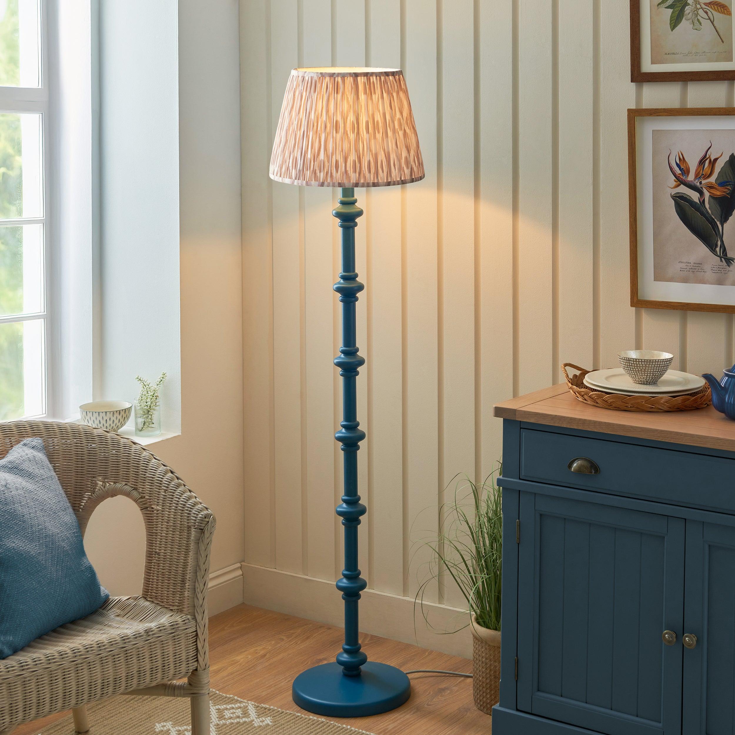 Carnaby Blue Wooden Floor Lamp & Ikat 40cm Neutral Shade