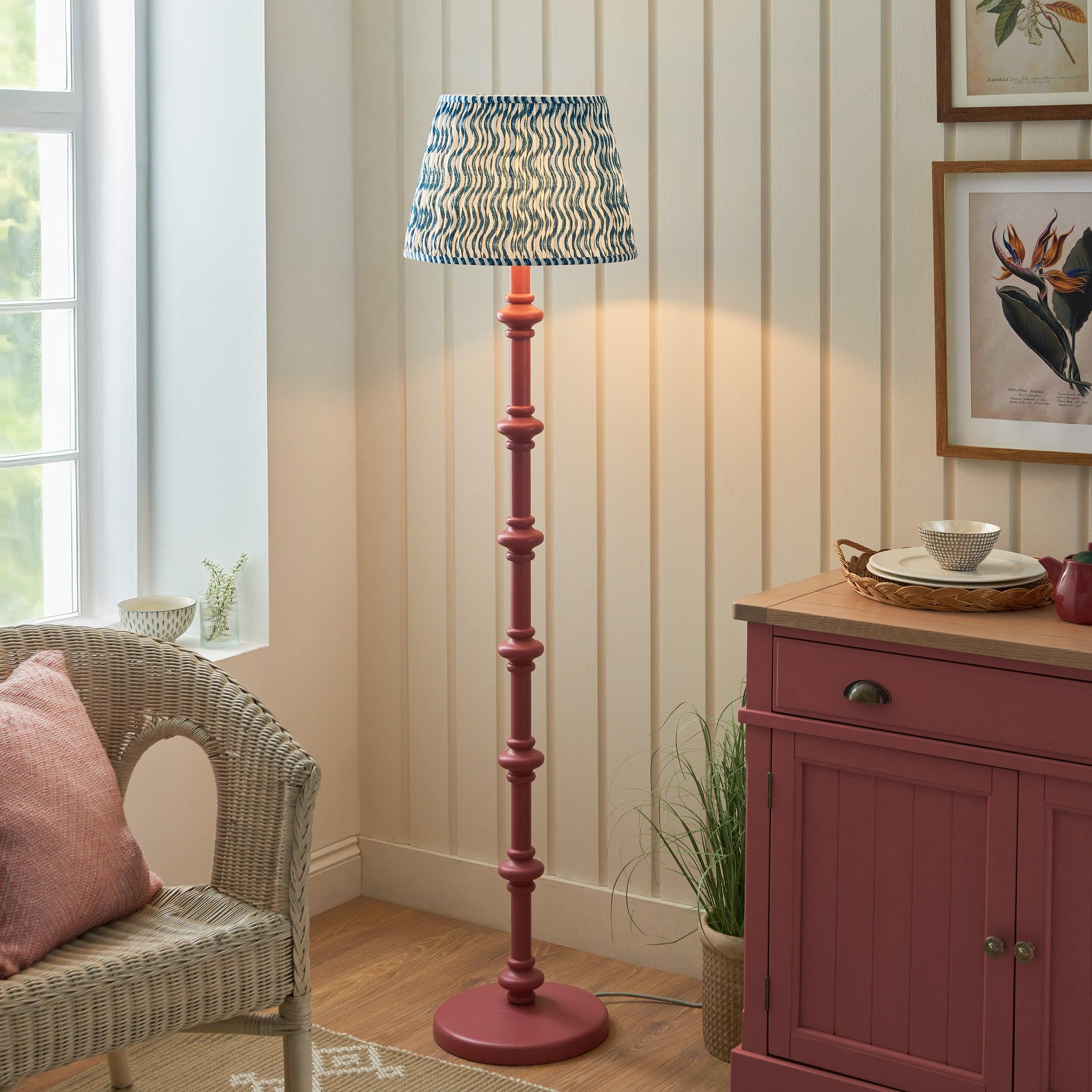Carnaby Pink Wooden Floor Lamp & Ripple 40cm Marlin Blue Shade