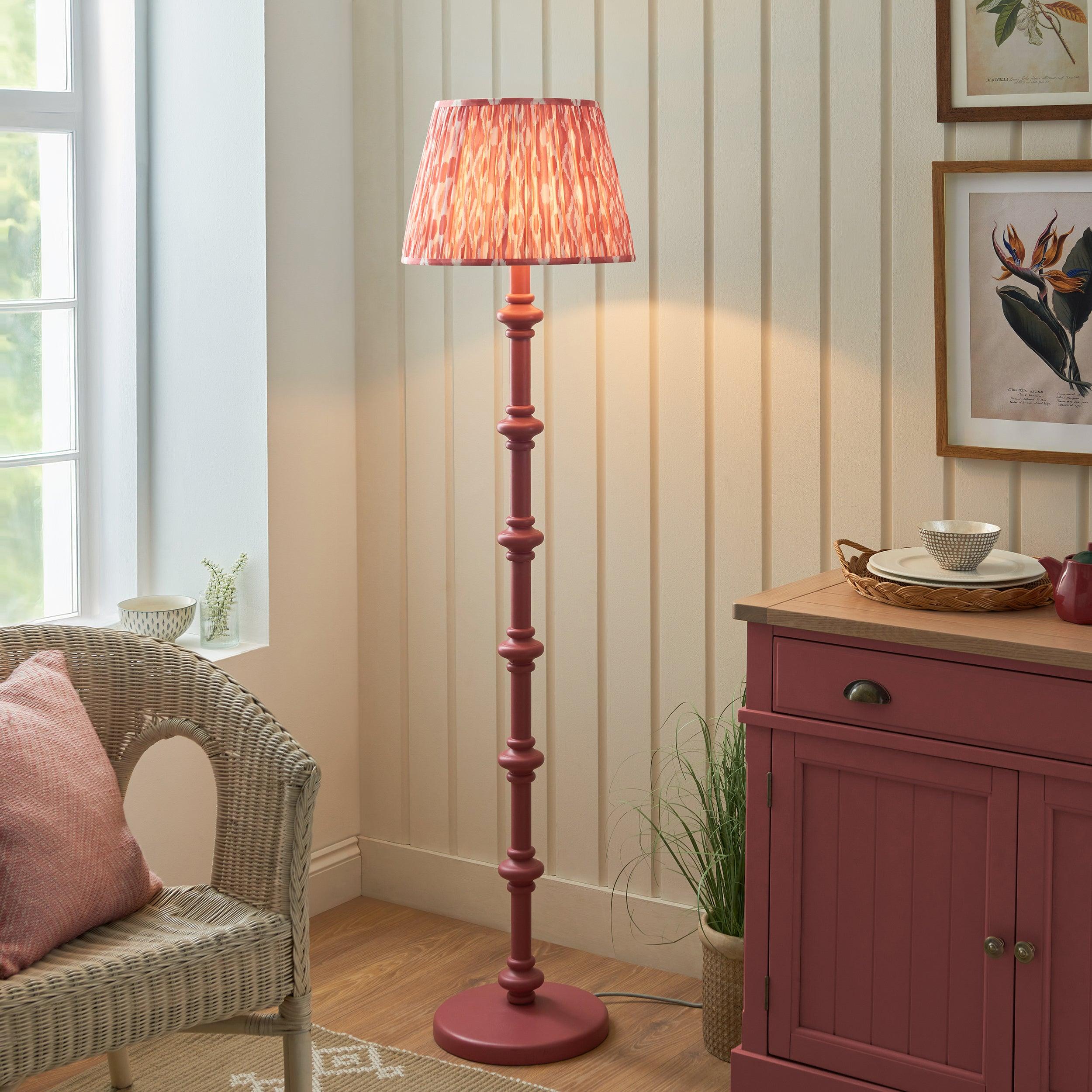 Carnaby Pink Wooden Floor Lamp & Ikat 40cm Coral Pink Shade