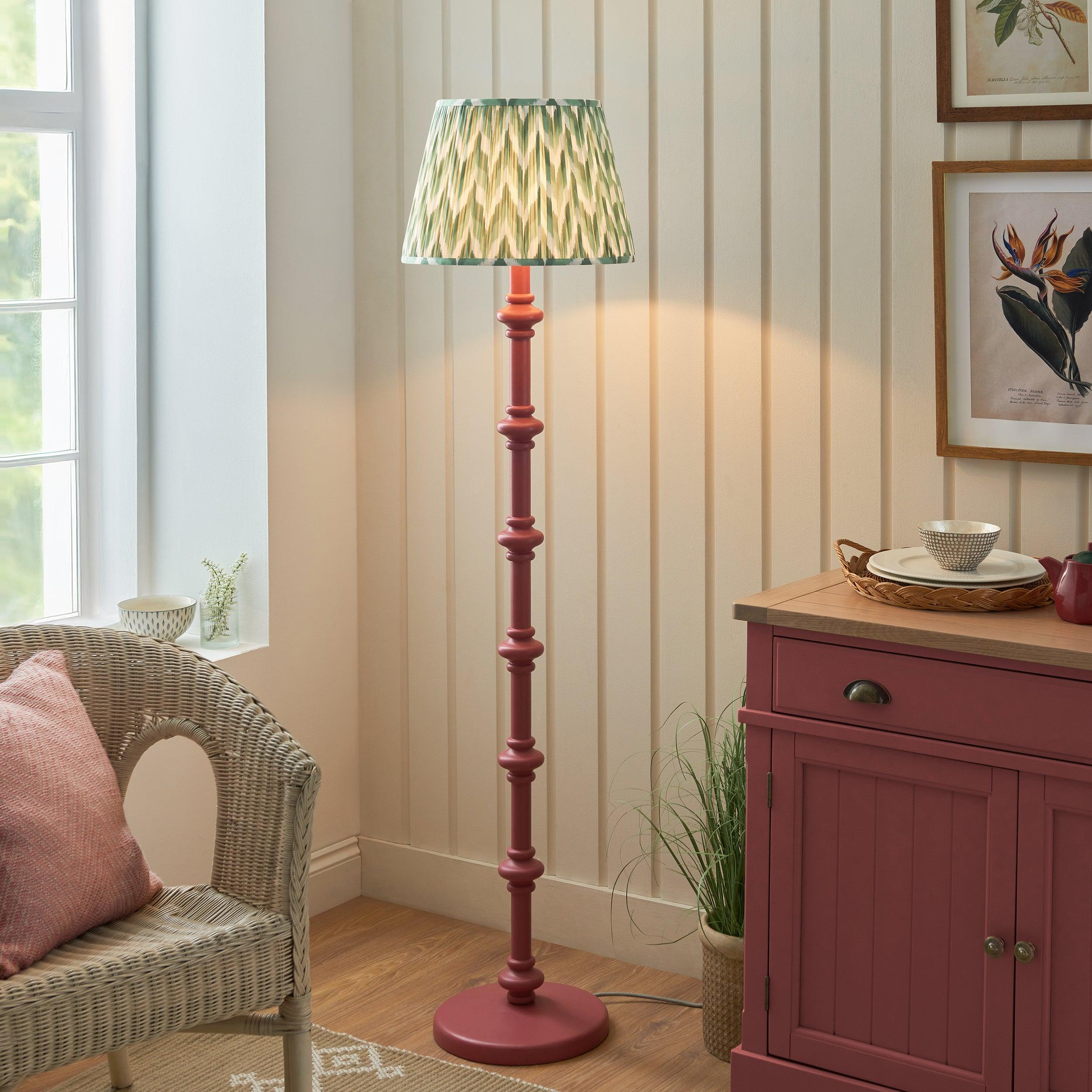Carnaby Pink Wooden Floor Lamp & Zigzag 40cm Cotswold Green Shade