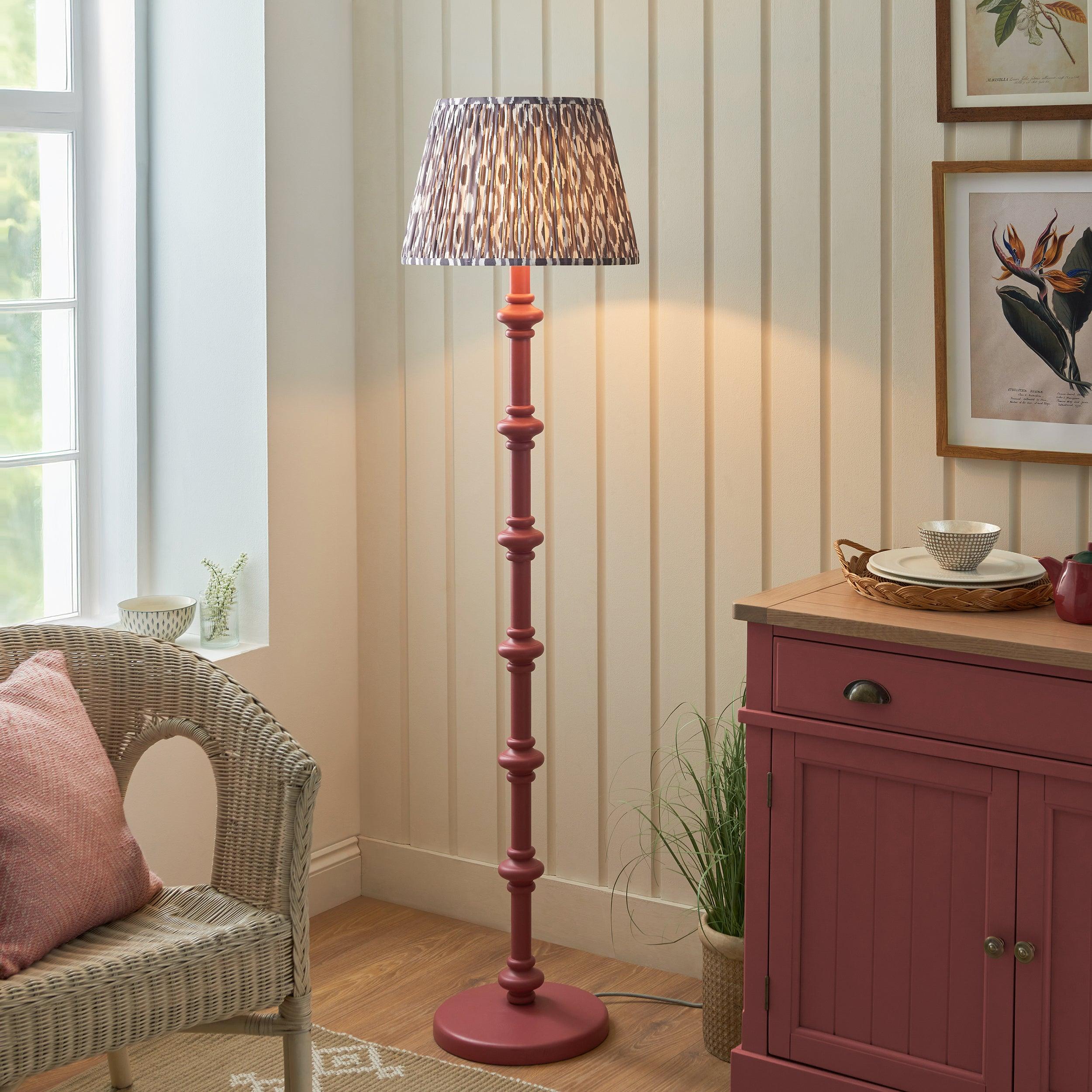 Carnaby Pink Wooden Floor Lamp & Ikat 40cm Pearl Grey Shade