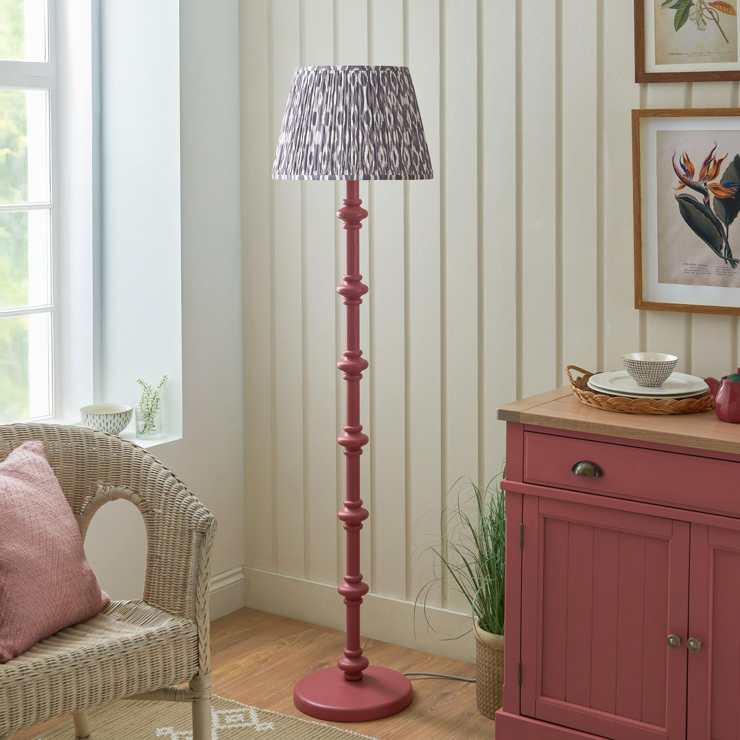 Carnaby Pink Wooden Floor Lamp & Ikat 40cm Pearl Grey Shade