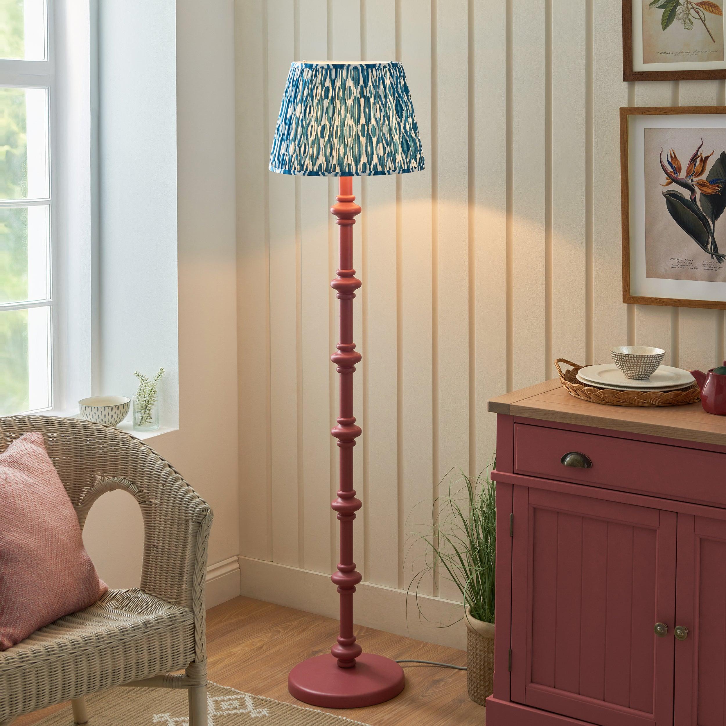 Carnaby Pink Wooden Floor Lamp & Ikat 40cm Marlin Blue Shade