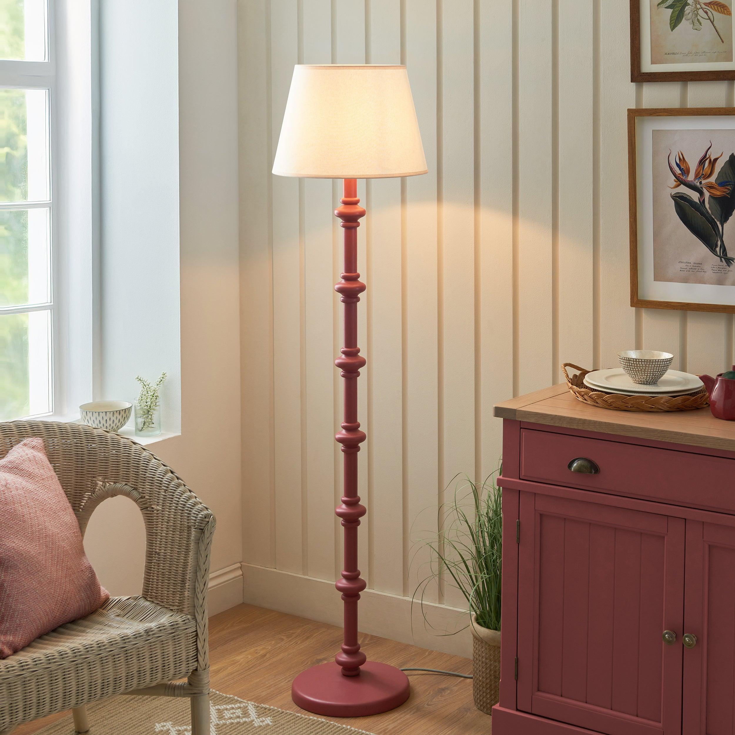 Carnaby Pink Wooden Floor Lamp & Ivy 40cm Vintage White Shade