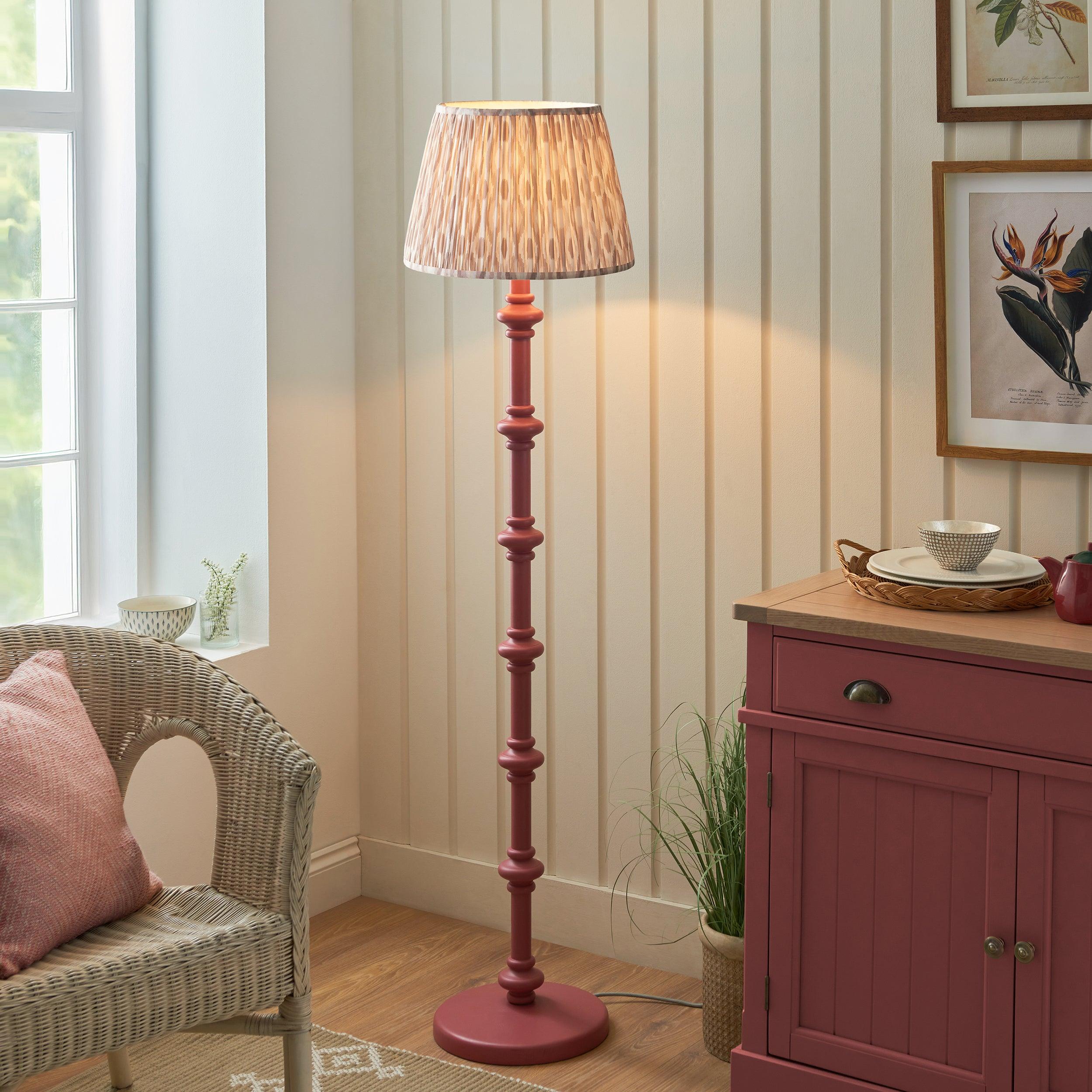 Carnaby Pink Wooden Floor Lamp & Ikat 40cm Neutral Shade