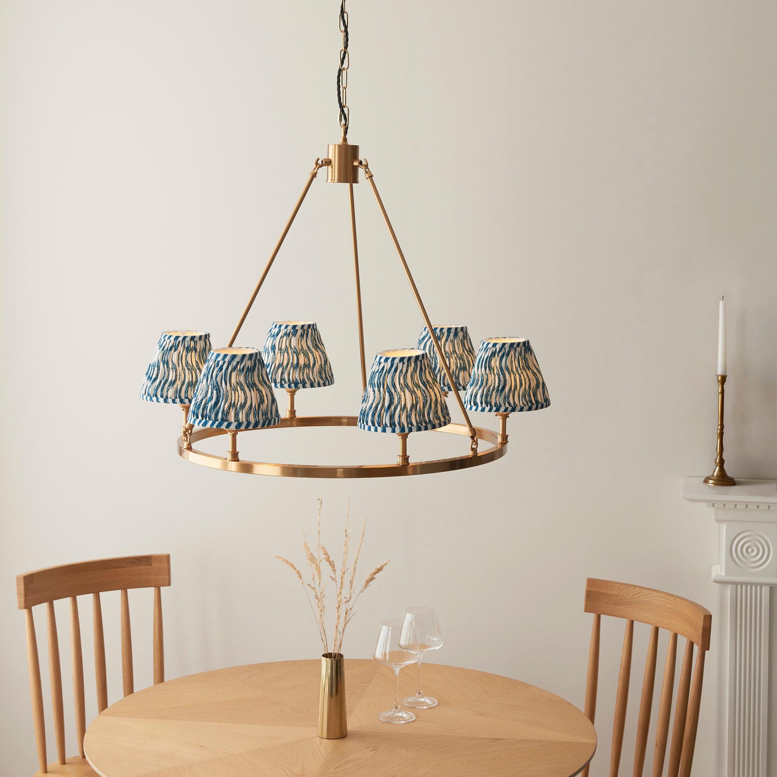 Chester Large Brass Ceiling Pendant Light With Blue Leaf 16cm Shades