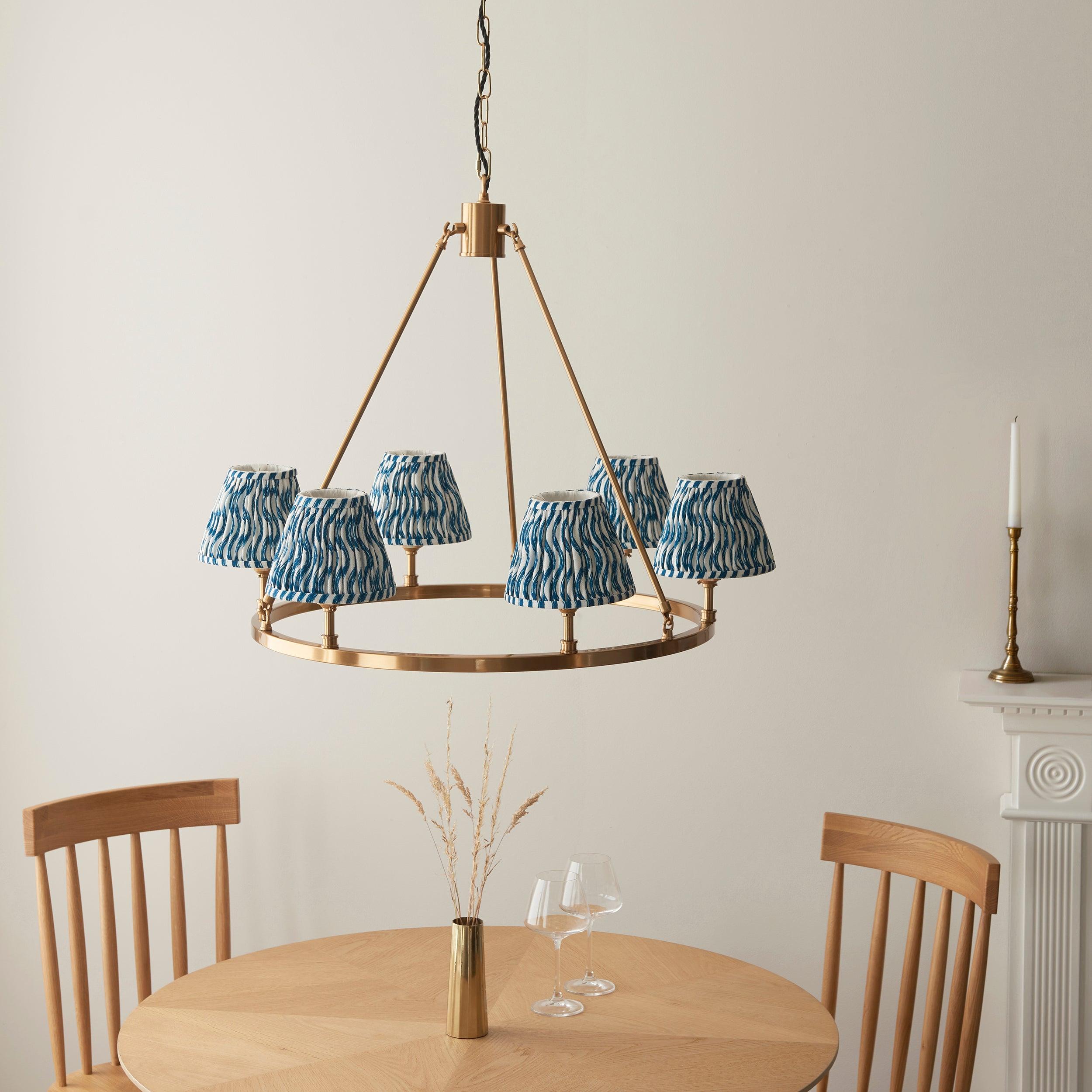 Chester Large Brass Ceiling Pendant Light With Blue Leaf 16cm Shades