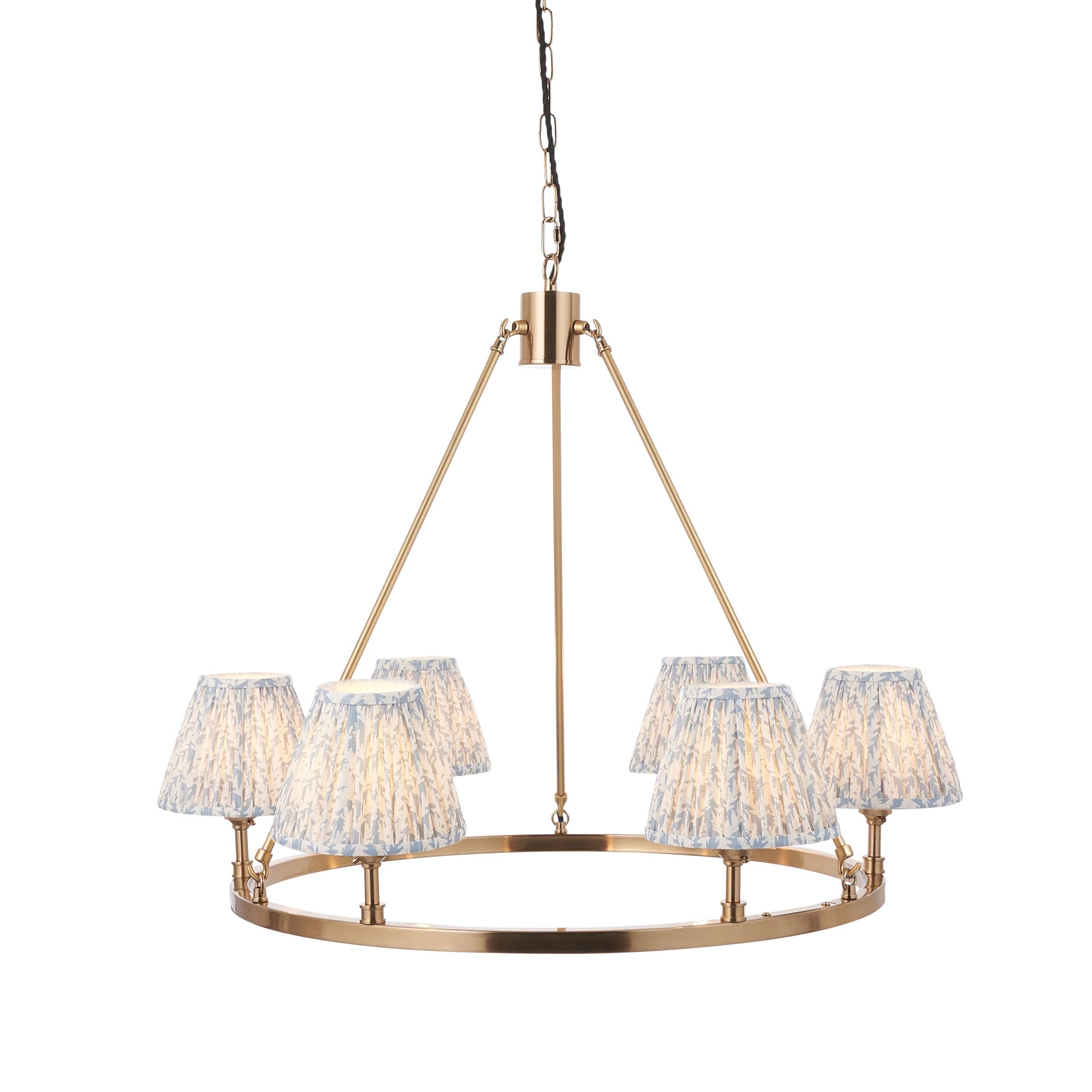 Chester Large Brass Ceiling Pendant Light With Shell Blue Leaf 16cm Shades