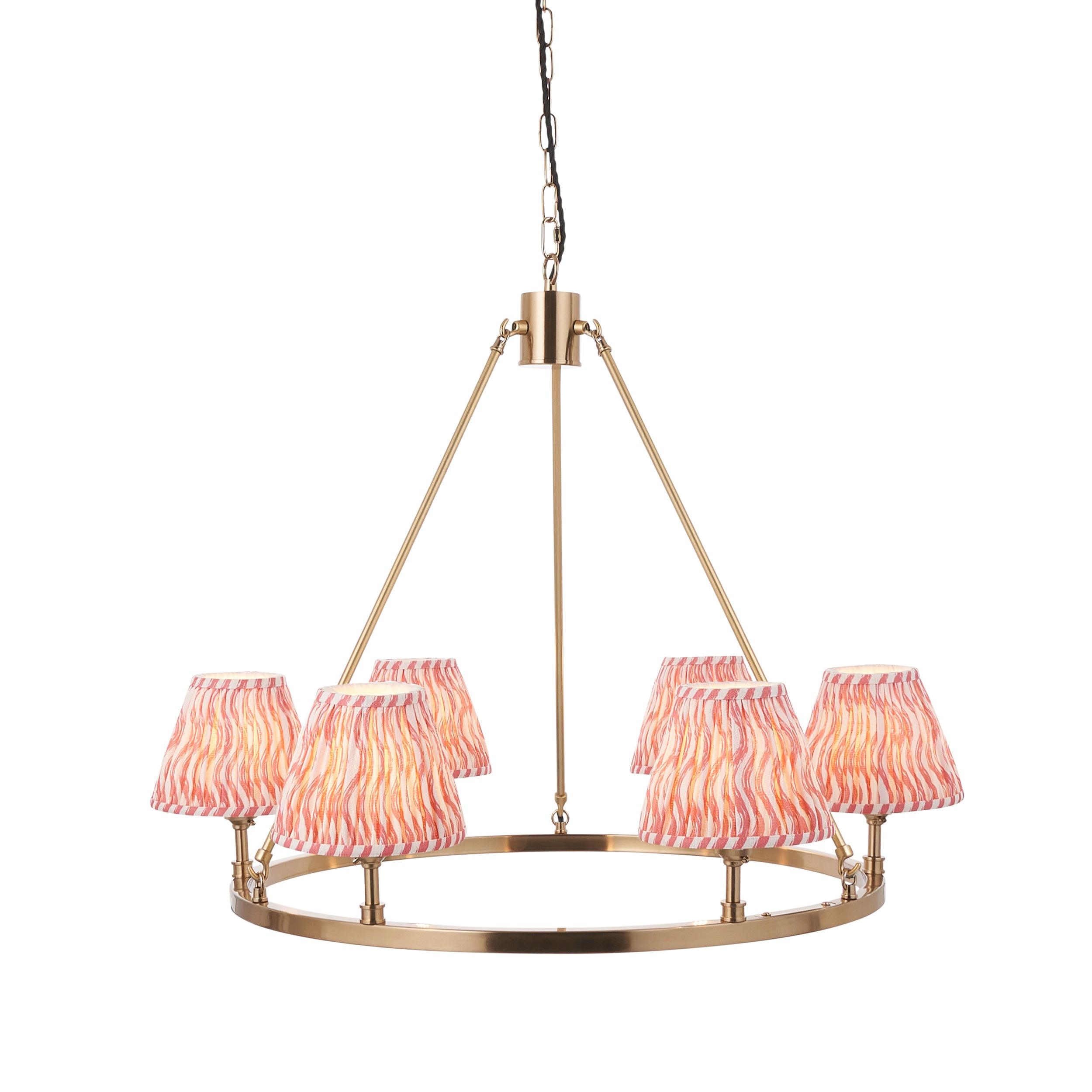 Chester Large Brass Ceiling Pendant Light With Pink Ripple 16cm Shades