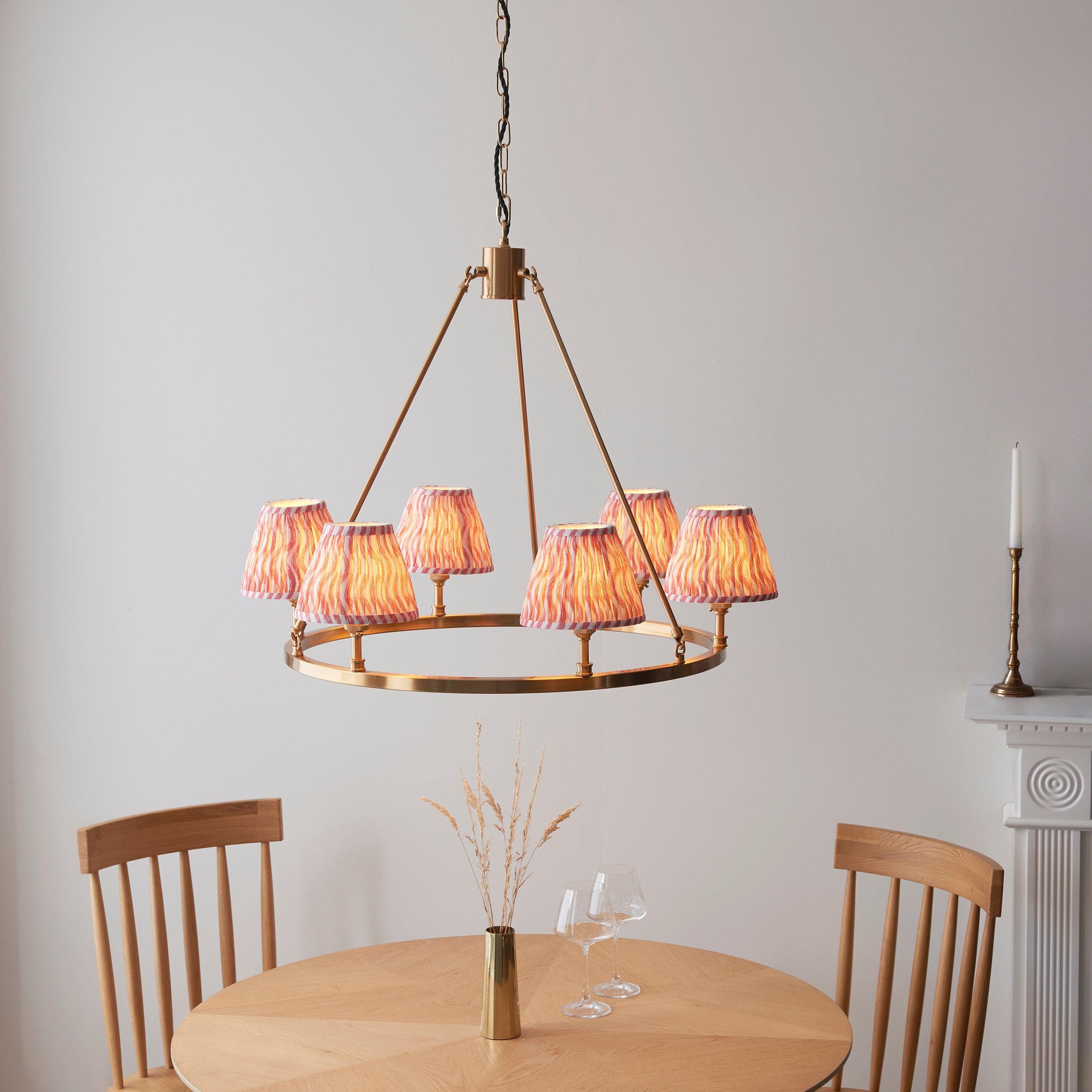 Chester Large Brass Ceiling Pendant Light With Pink Ripple 16cm Shades