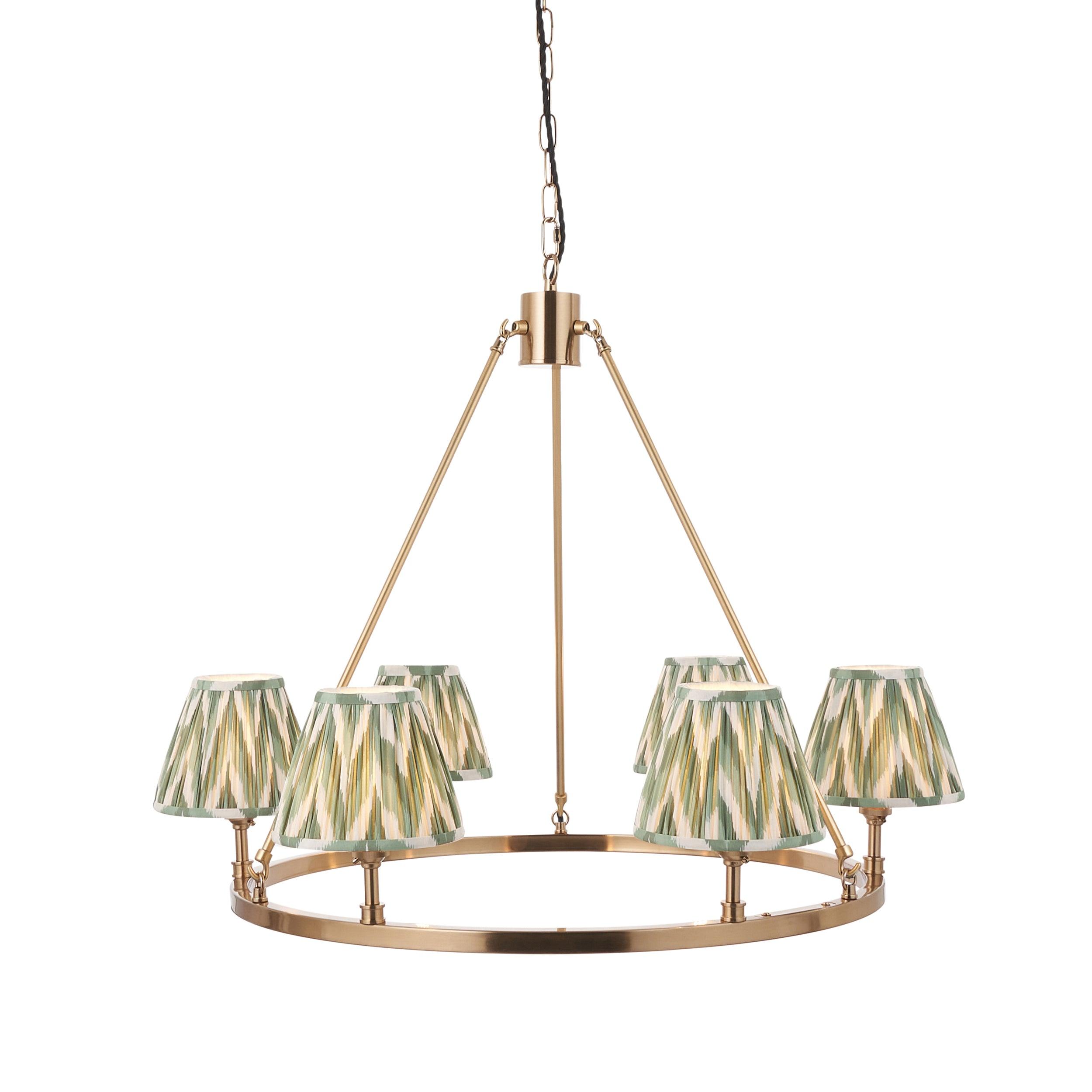 Chester Large Brass Ceiling Pendant Light With Green Zigzag 16cm Shades