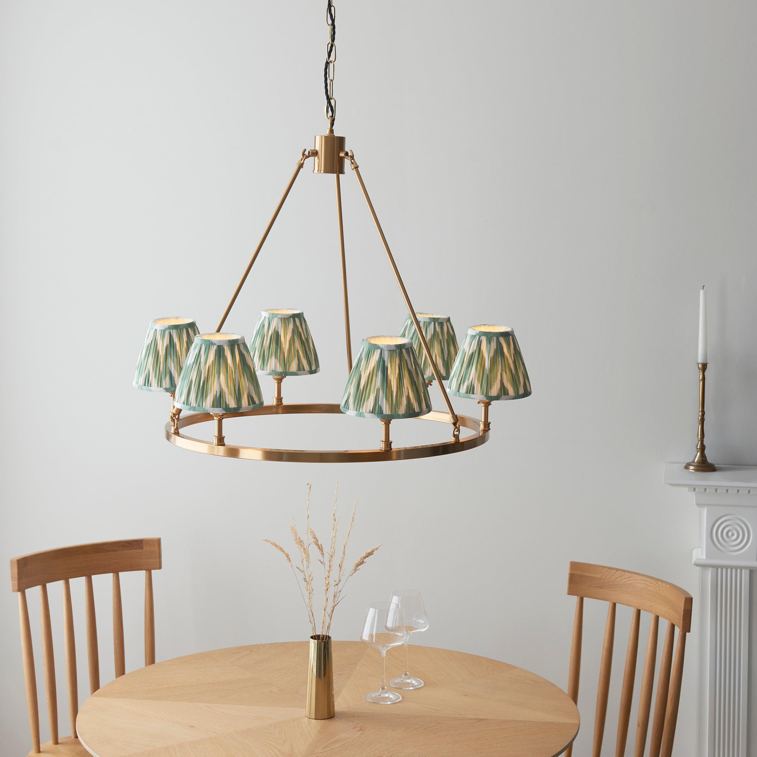 Chester Large Brass Ceiling Pendant Light With Green Zigzag 16cm Shades