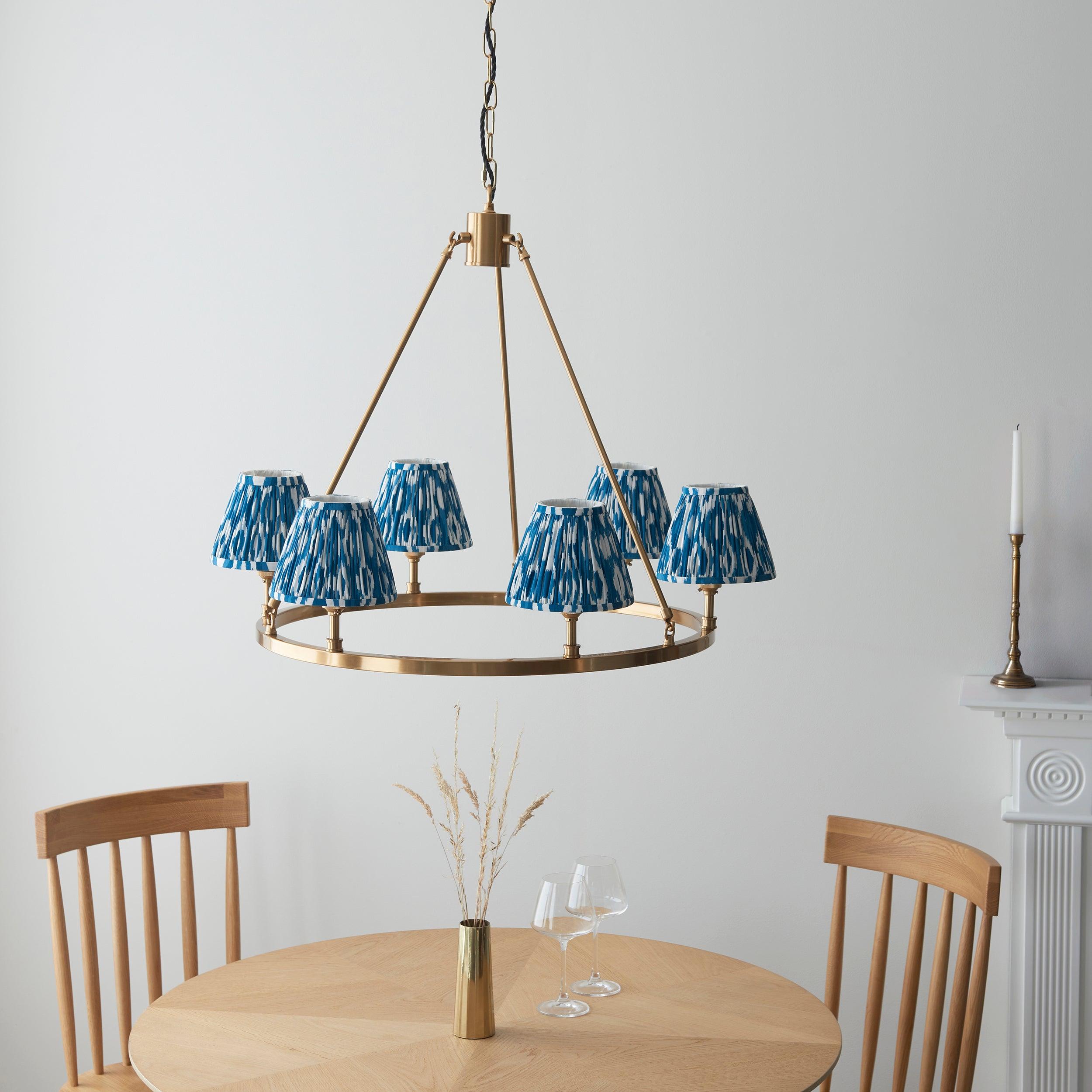 Chester Large Brass Ceiling Pendant Light With Blue Ikat 16cm Shades
