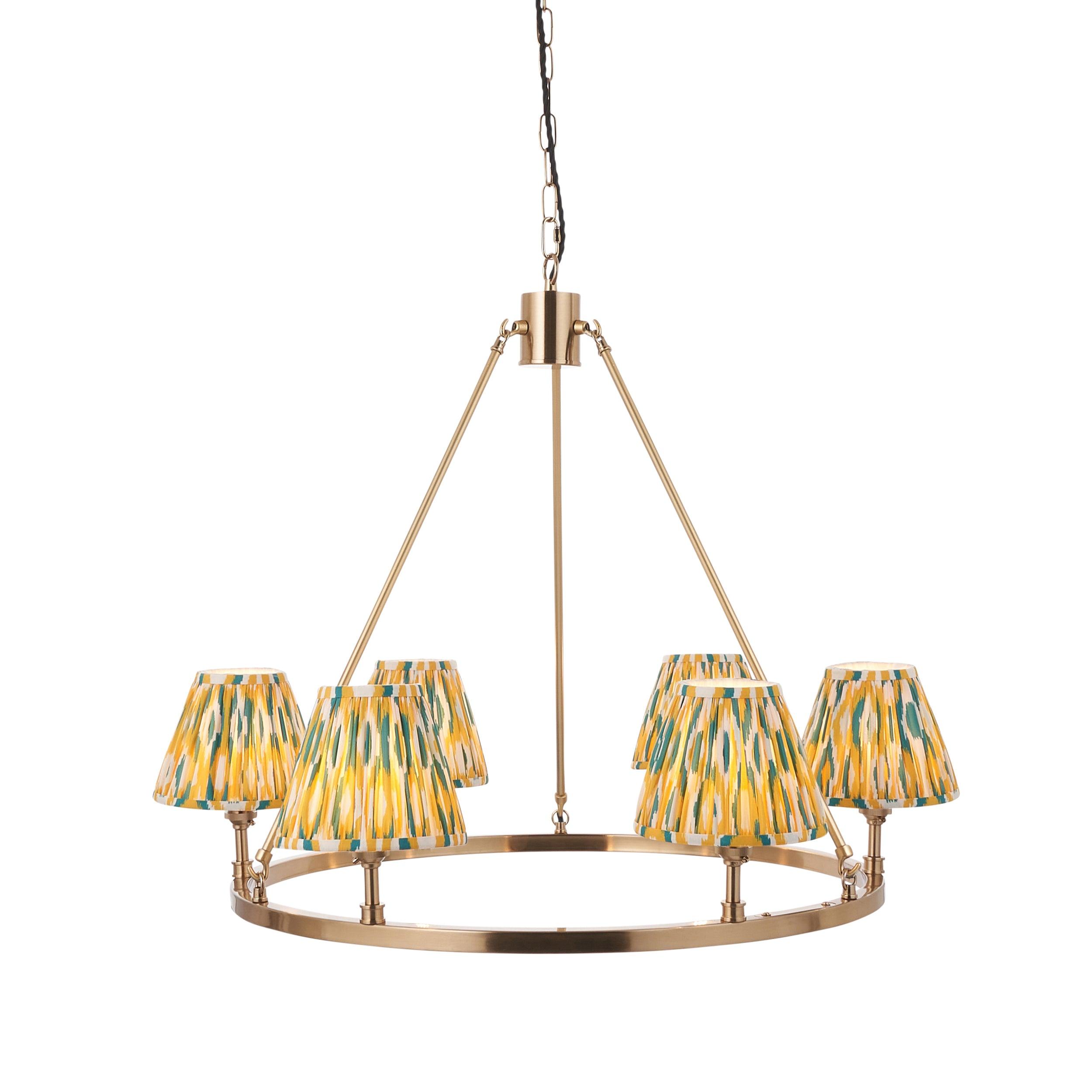 Chester Large Brass Ceiling Pendant Light With Yellow & Jade Ikat 16cm Shades