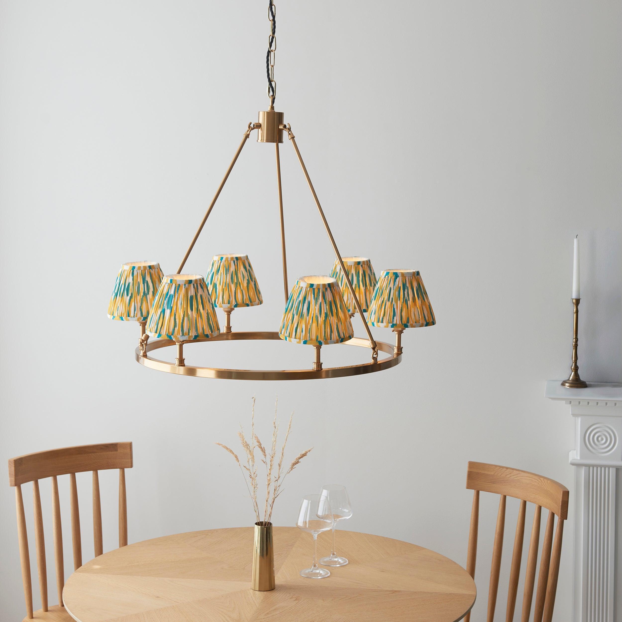 Chester Large Brass Ceiling Pendant Light With Yellow & Jade Ikat 16cm Shades