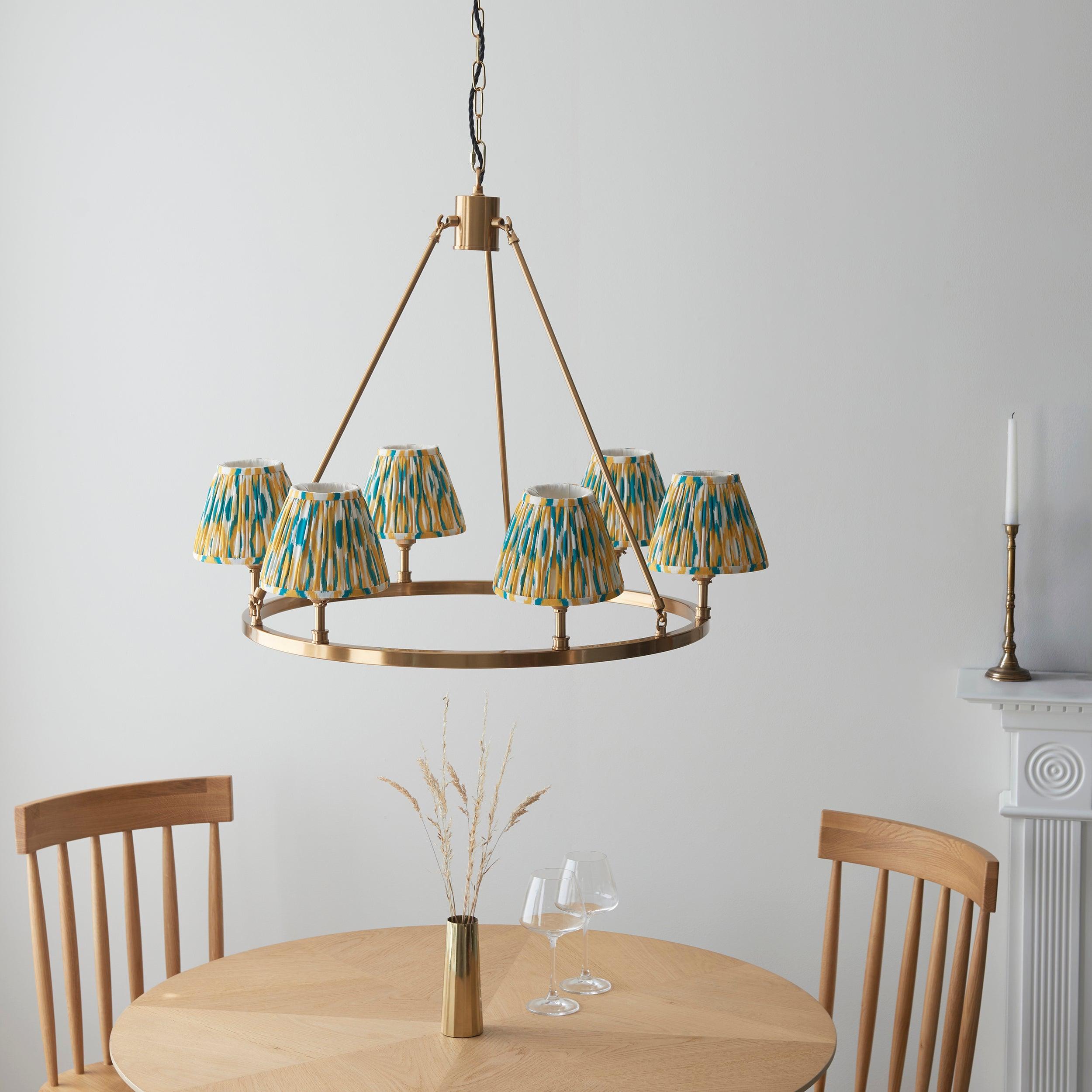 Chester Large Brass Ceiling Pendant Light With Yellow & Jade Ikat 16cm Shades