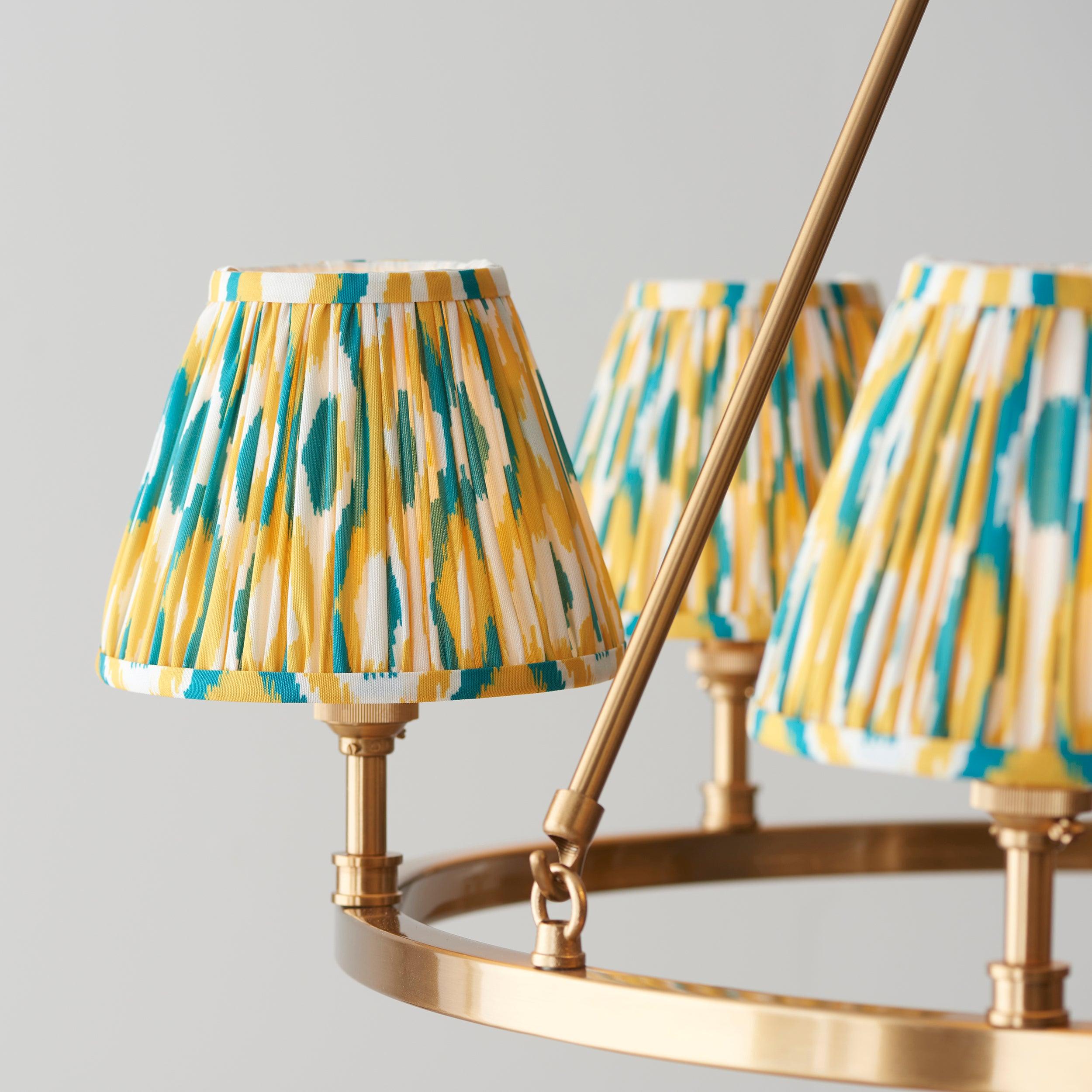 Chester Large Brass Ceiling Pendant Light With Yellow & Jade Ikat 16cm Shades