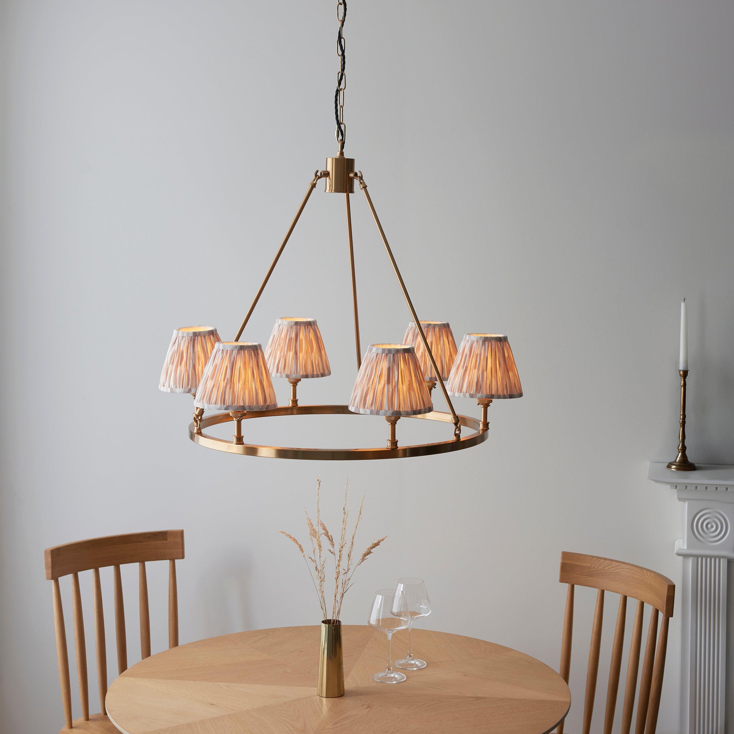 Chester Large Brass Ceiling Pendant Light With Neutral Ikat 16cm Shades