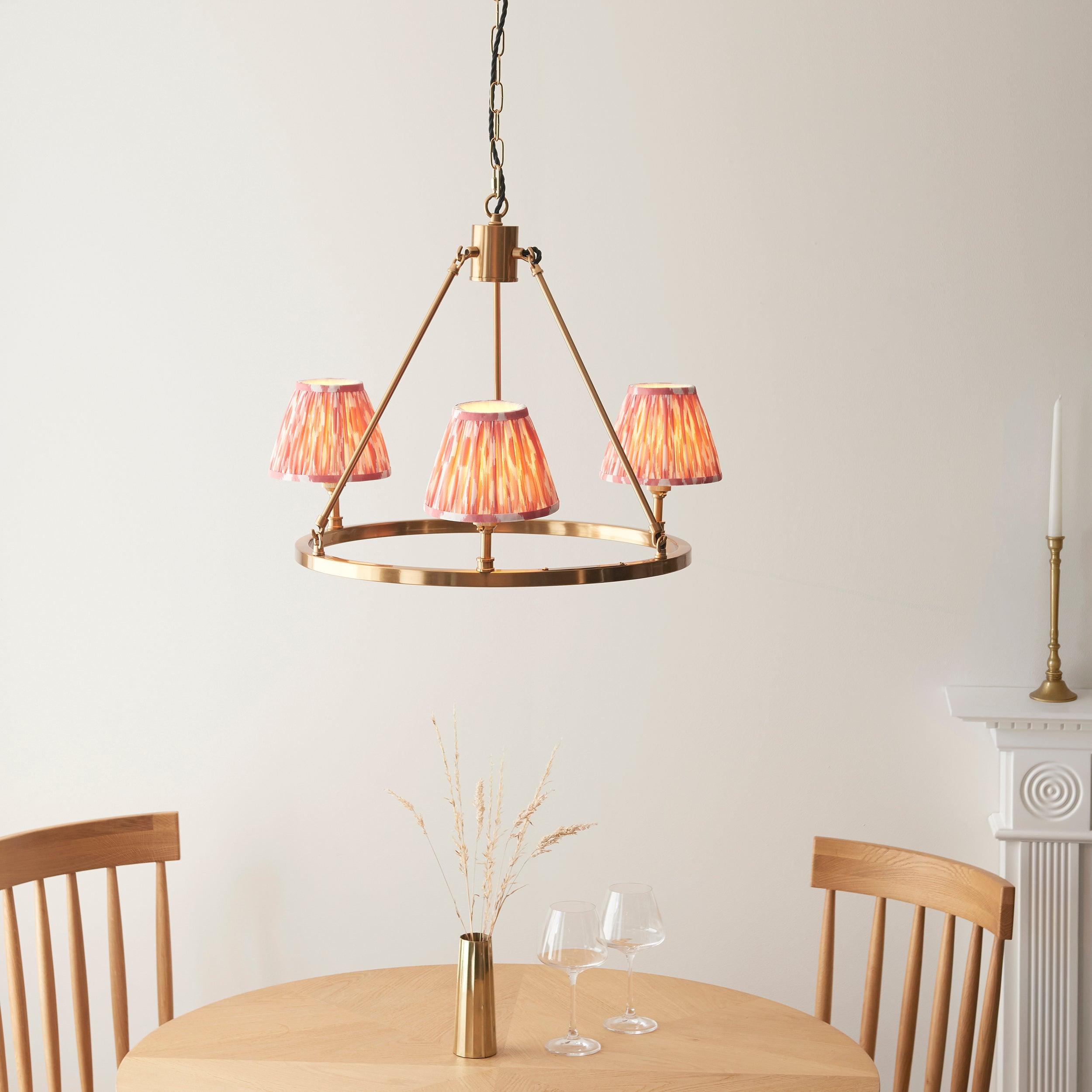 Chester Brass Ceiling Pendant Light With Pink Ikat 16cm Shades