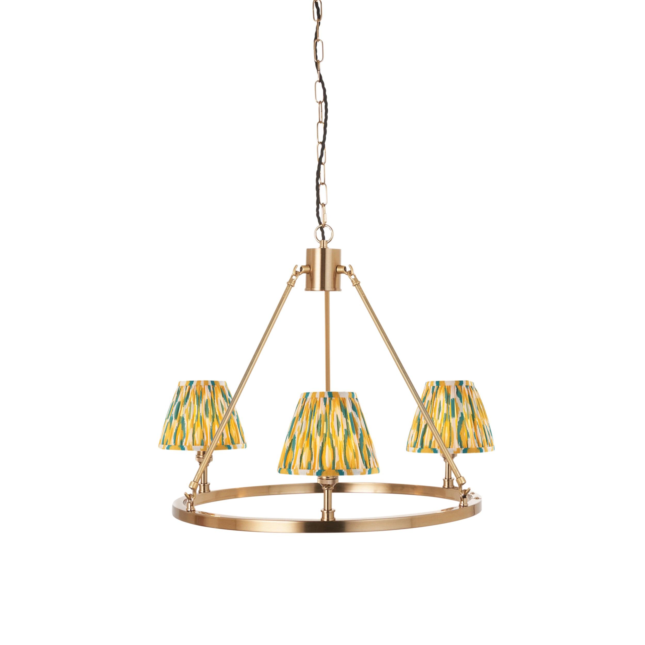 Chester Brass Ceiling Pendant Light With Yellow & Jade Ikat 16cm Shades