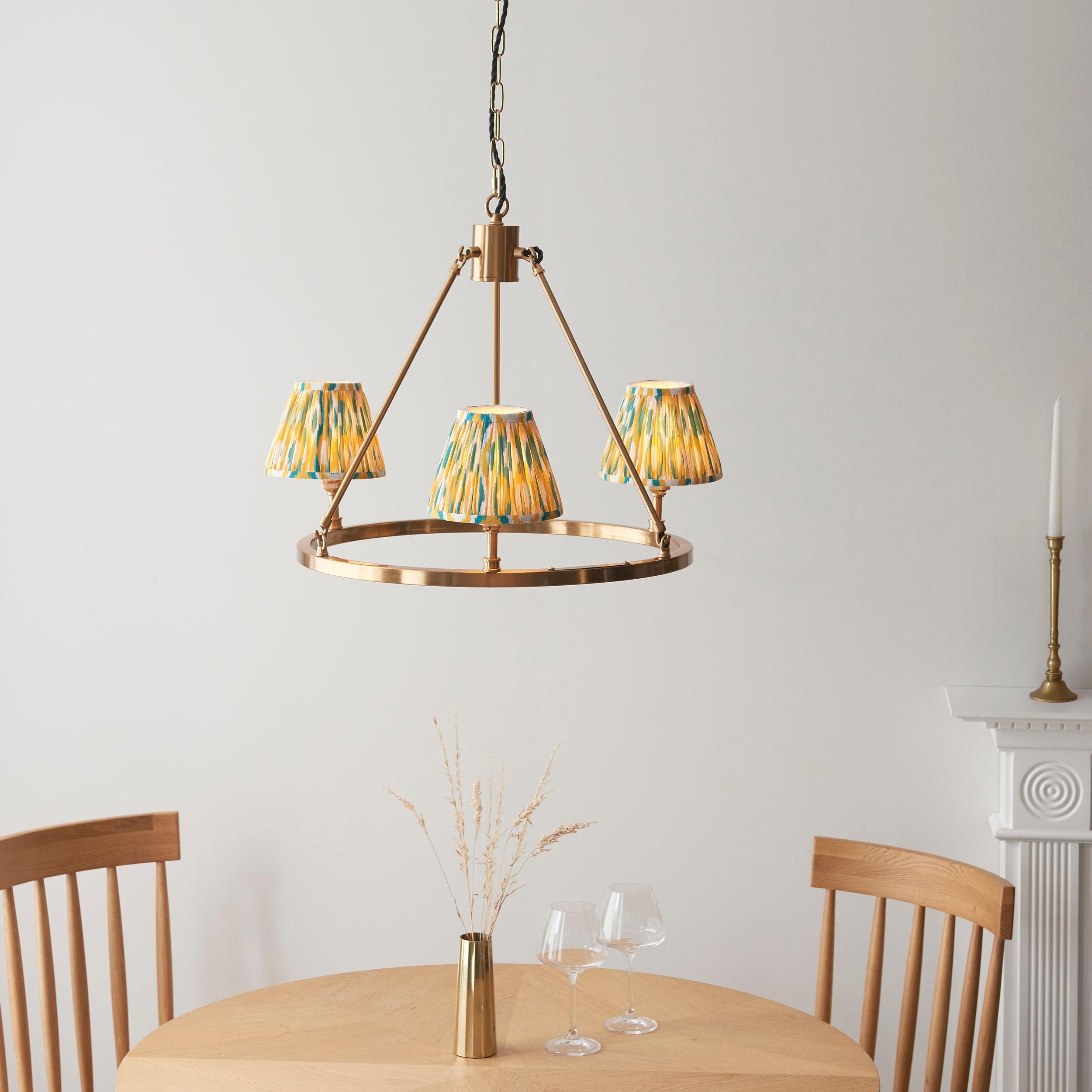 Chester Brass Ceiling Pendant Light With Yellow & Jade Ikat 16cm Shades
