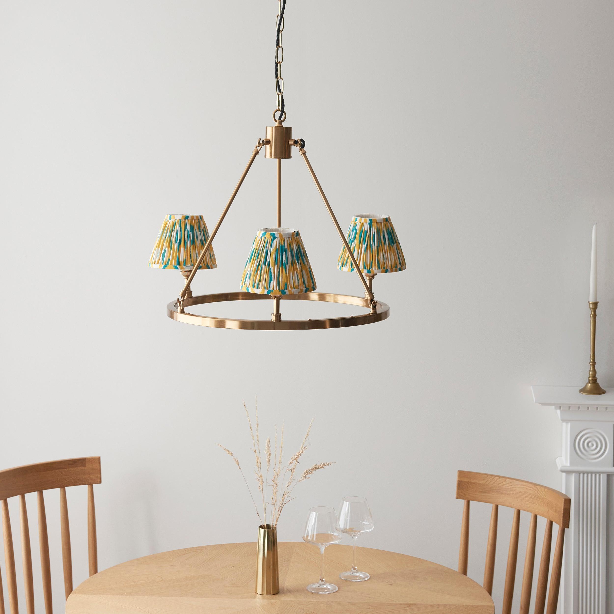 Chester Brass Ceiling Pendant Light With Yellow & Jade Ikat 16cm Shades